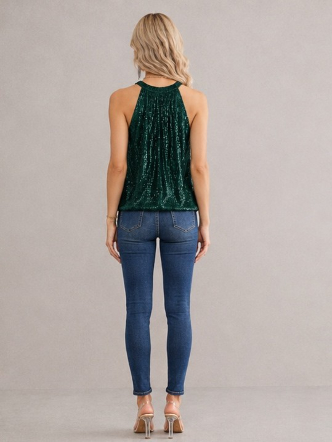 Emerald Green Sequin Embellished Sleeveless Halter Top