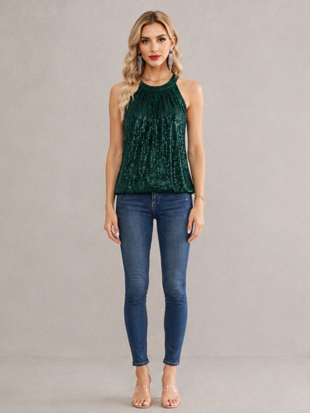 Emerald Green Sequin Embellished Sleeveless Halter Top