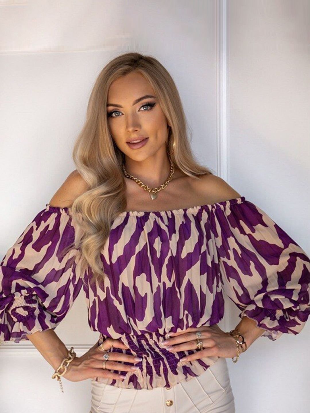 Purple Abstract Print Off-Shoulder Long Sleeve Top
