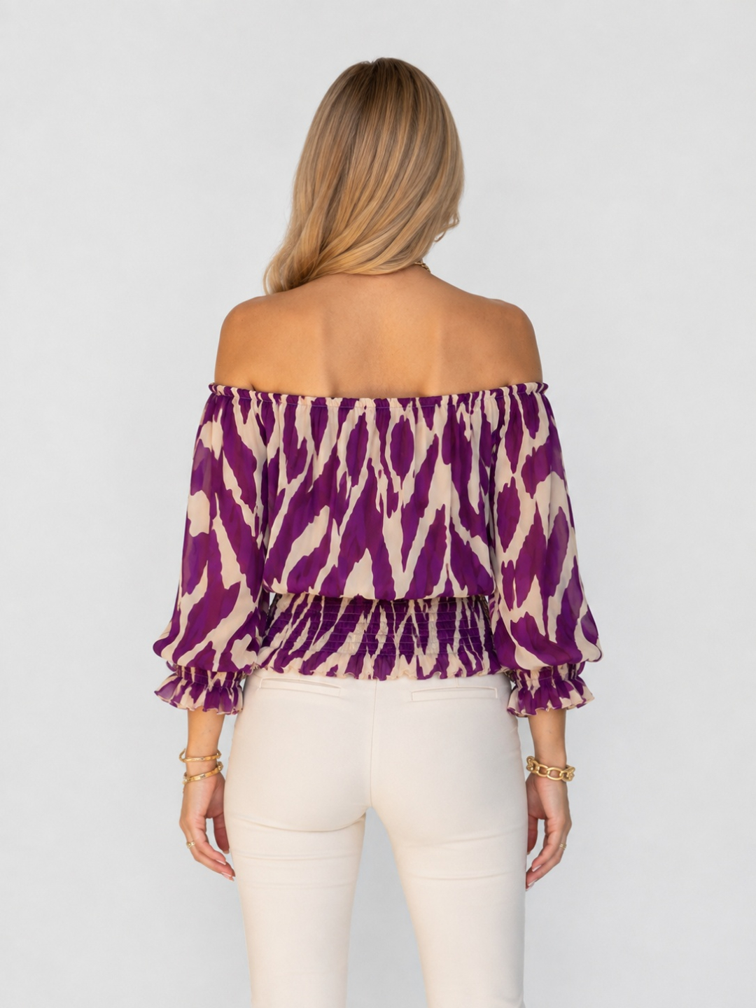 Purple Abstract Print Off-Shoulder Long Sleeve Top