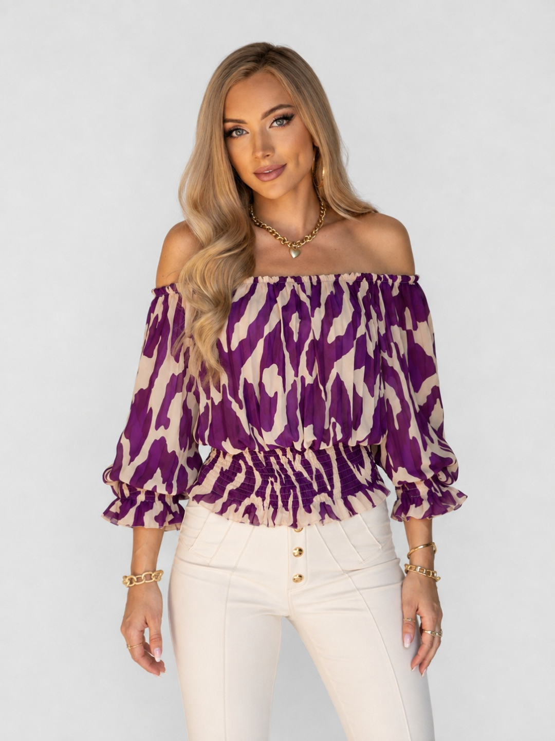 Purple Abstract Print Off-Shoulder Long Sleeve Top