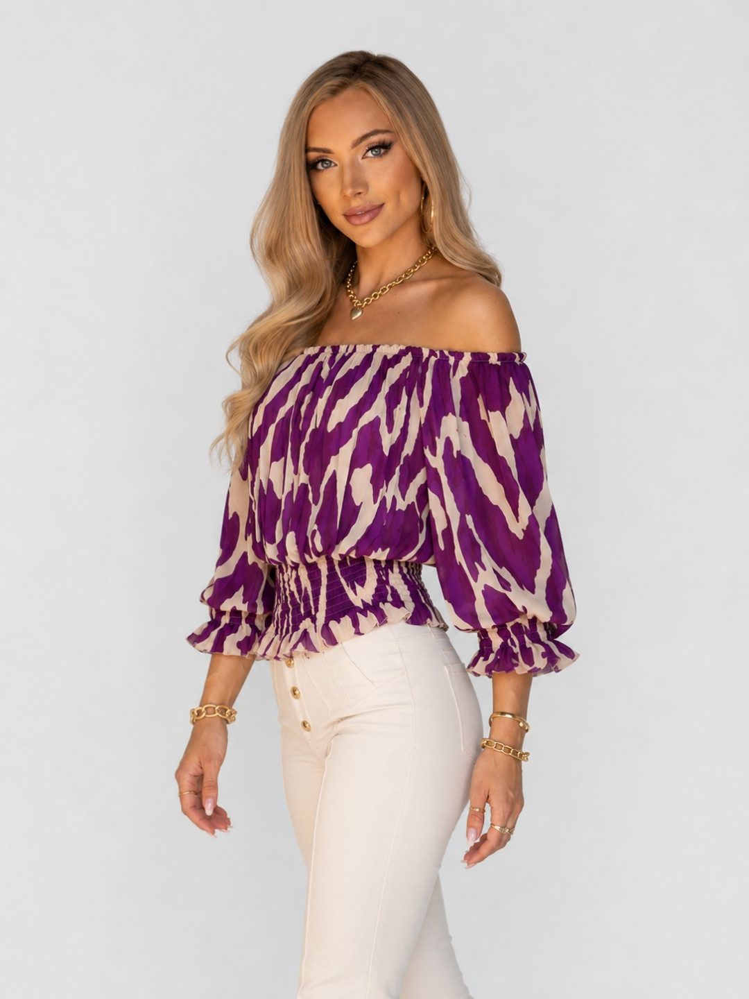Purple Abstract Print Off-Shoulder Long Sleeve Top