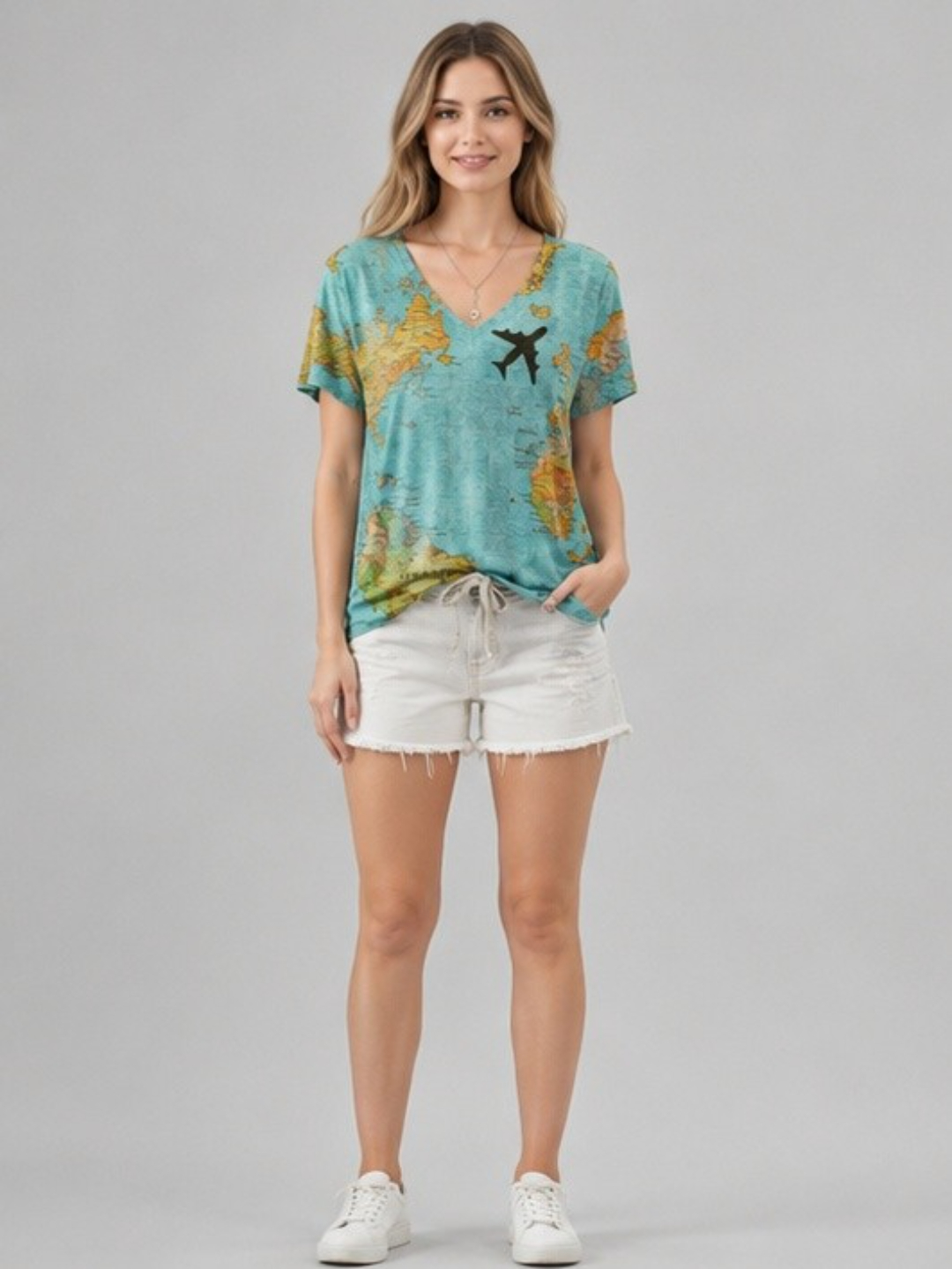 Multi-Color Travel Map Print V-Neck Top
