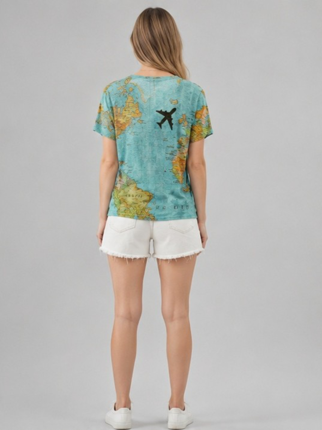Multi-Color Travel Map Print V-Neck Top