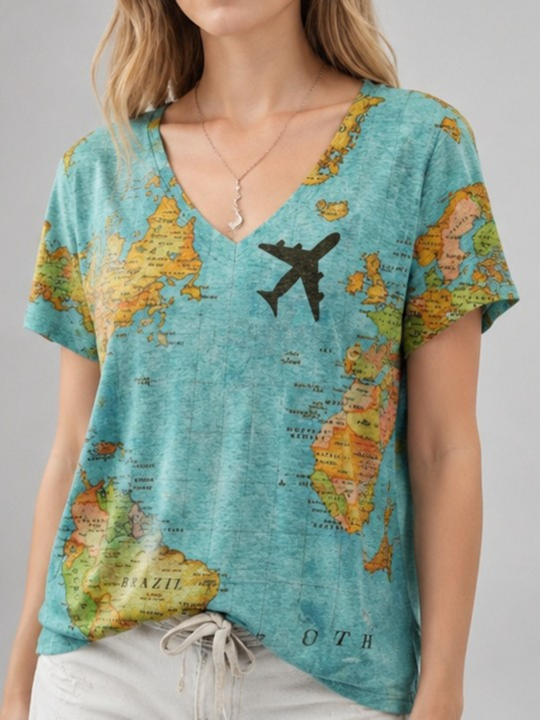 Multi-Color Travel Map Print V-Neck Top