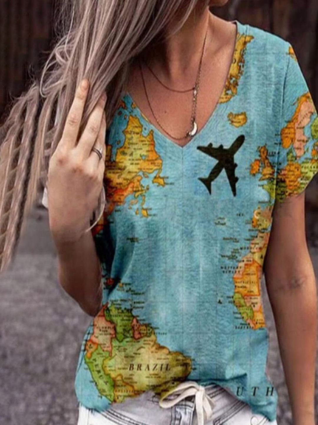 Multi-Color Travel Map Print V-Neck Top
