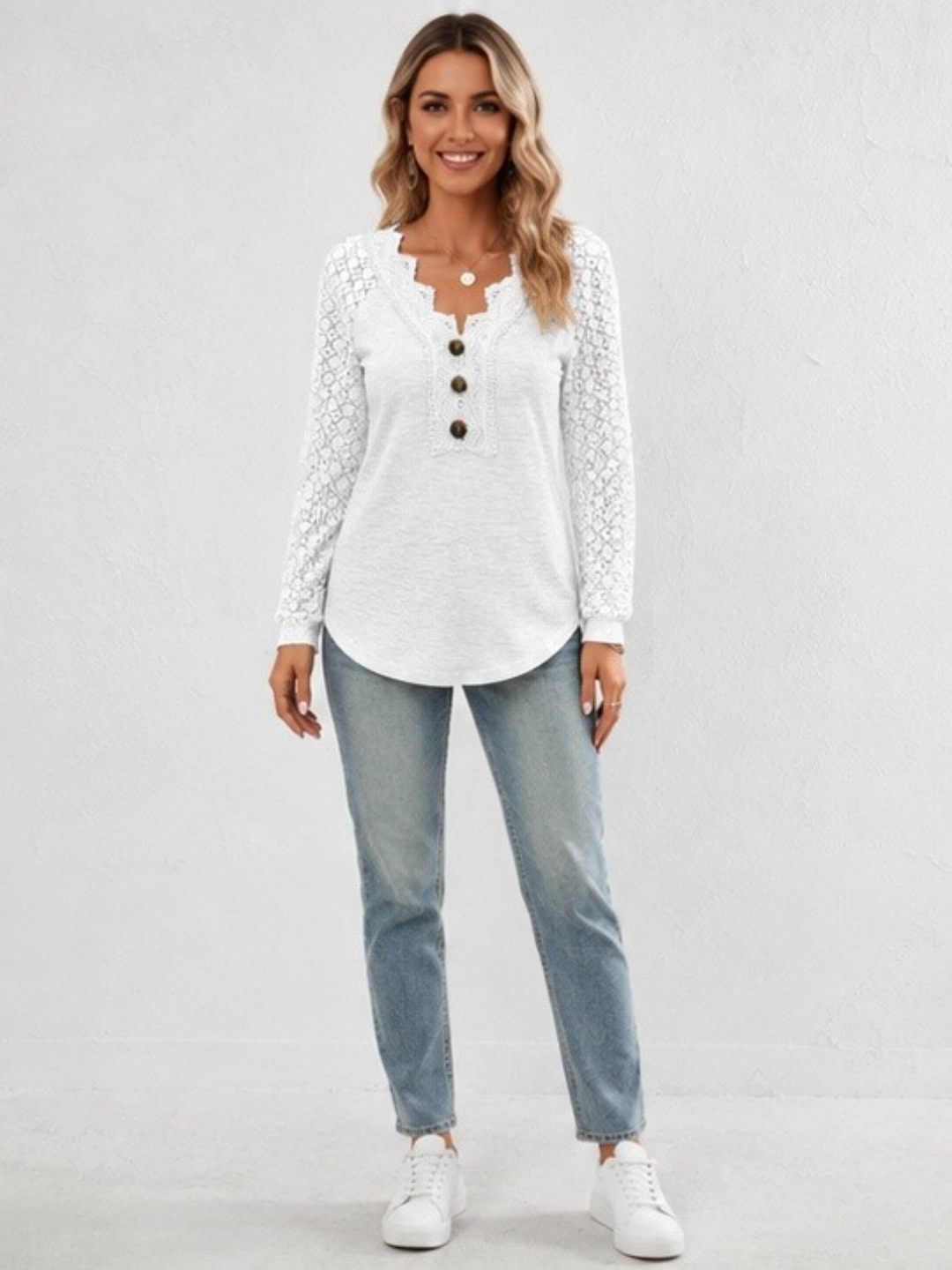 White Lace Sleeve V-Neck Long Sleeve Top