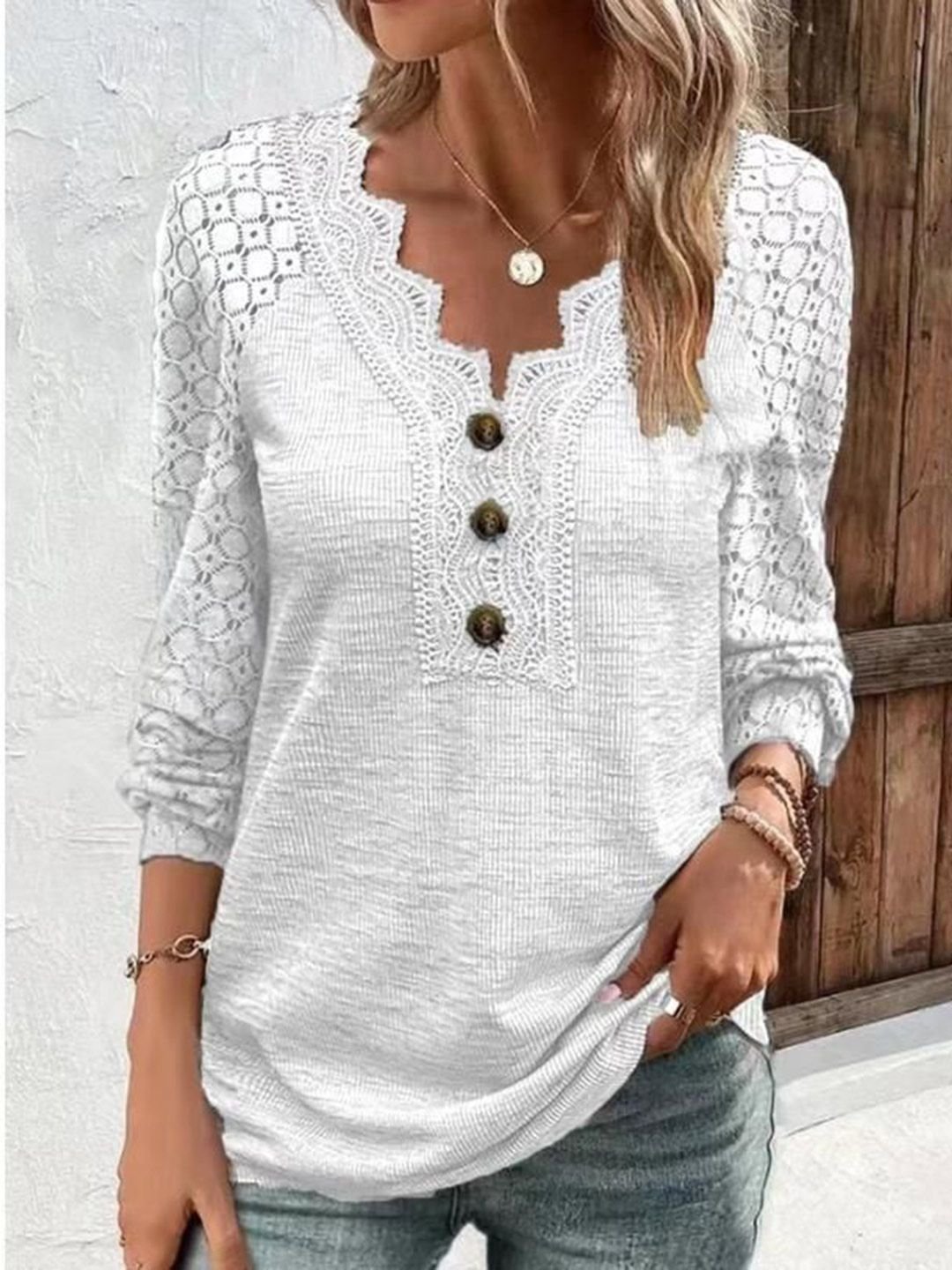 White Lace Sleeve V-Neck Long Sleeve Top