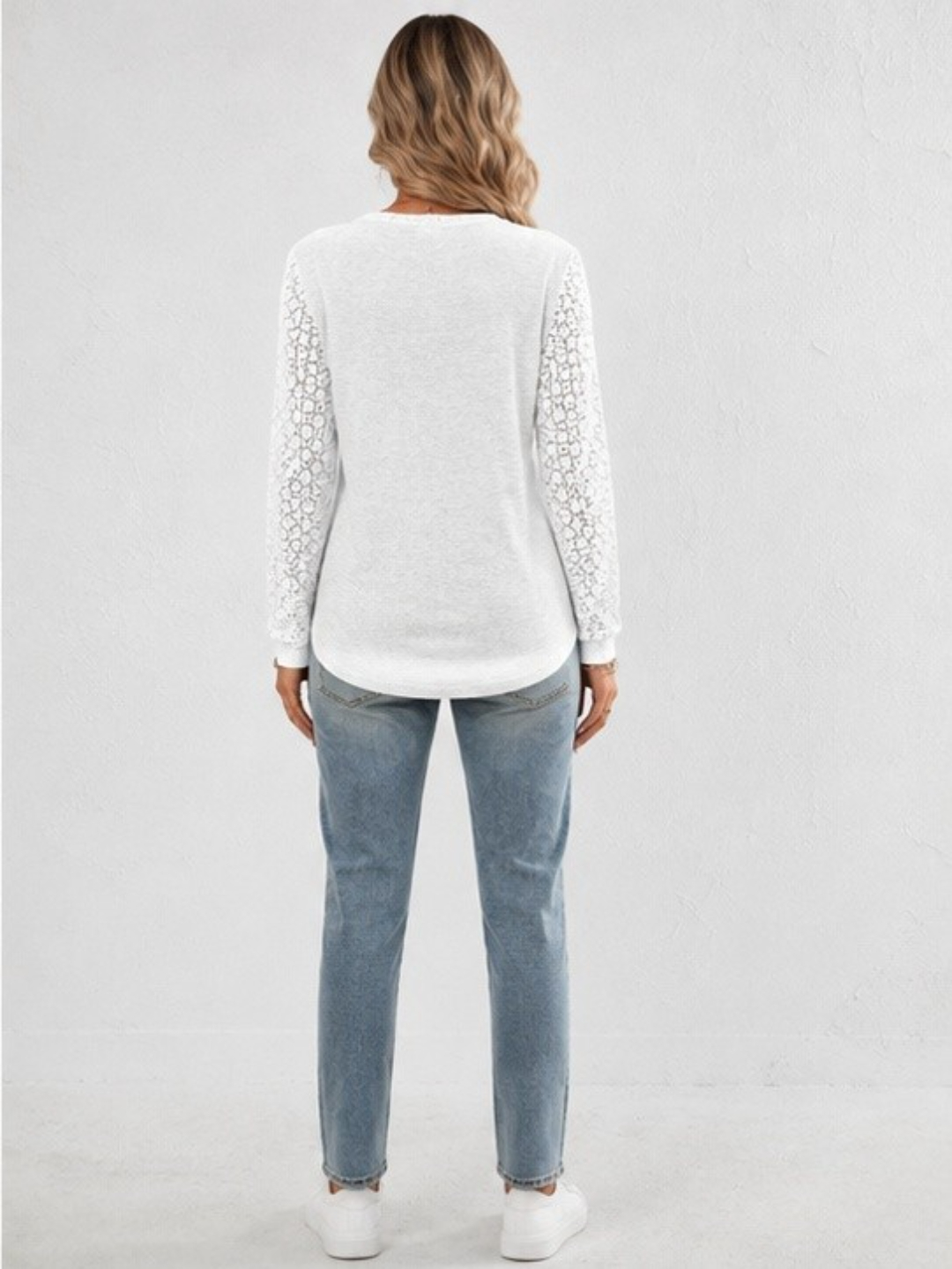 White Lace Sleeve V-Neck Long Sleeve Top