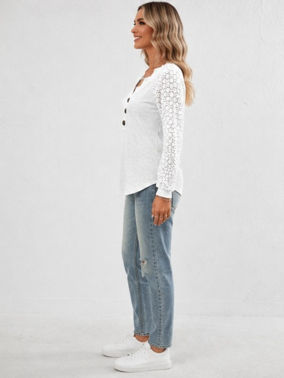 White Lace Sleeve V-Neck Long Sleeve Top