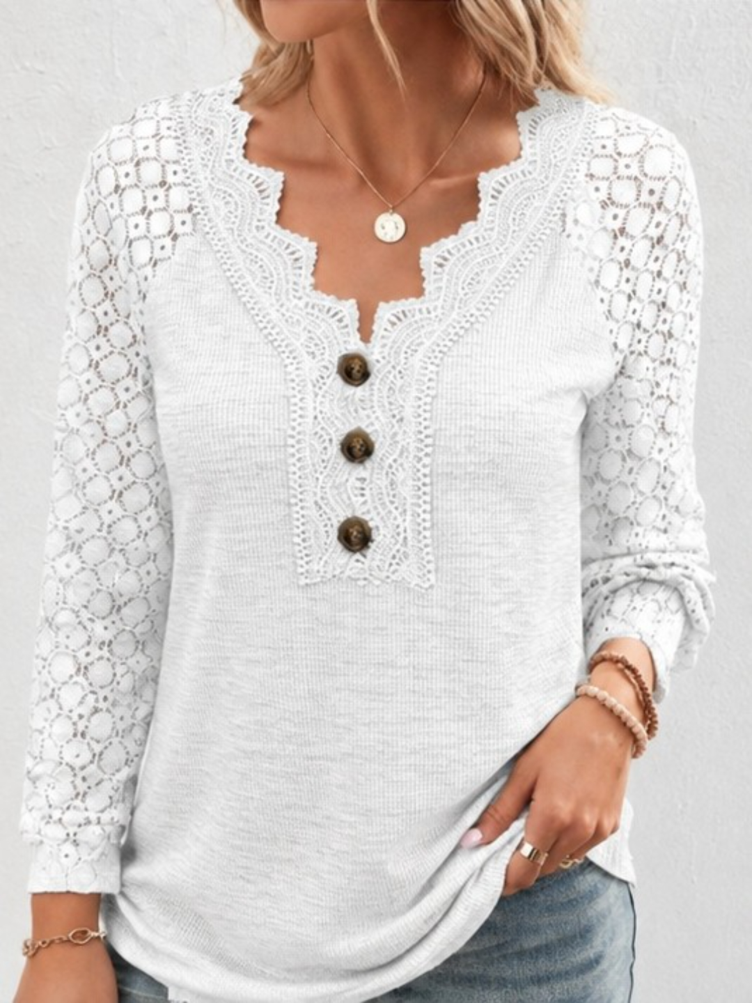 White Lace Sleeve V-Neck Long Sleeve Top