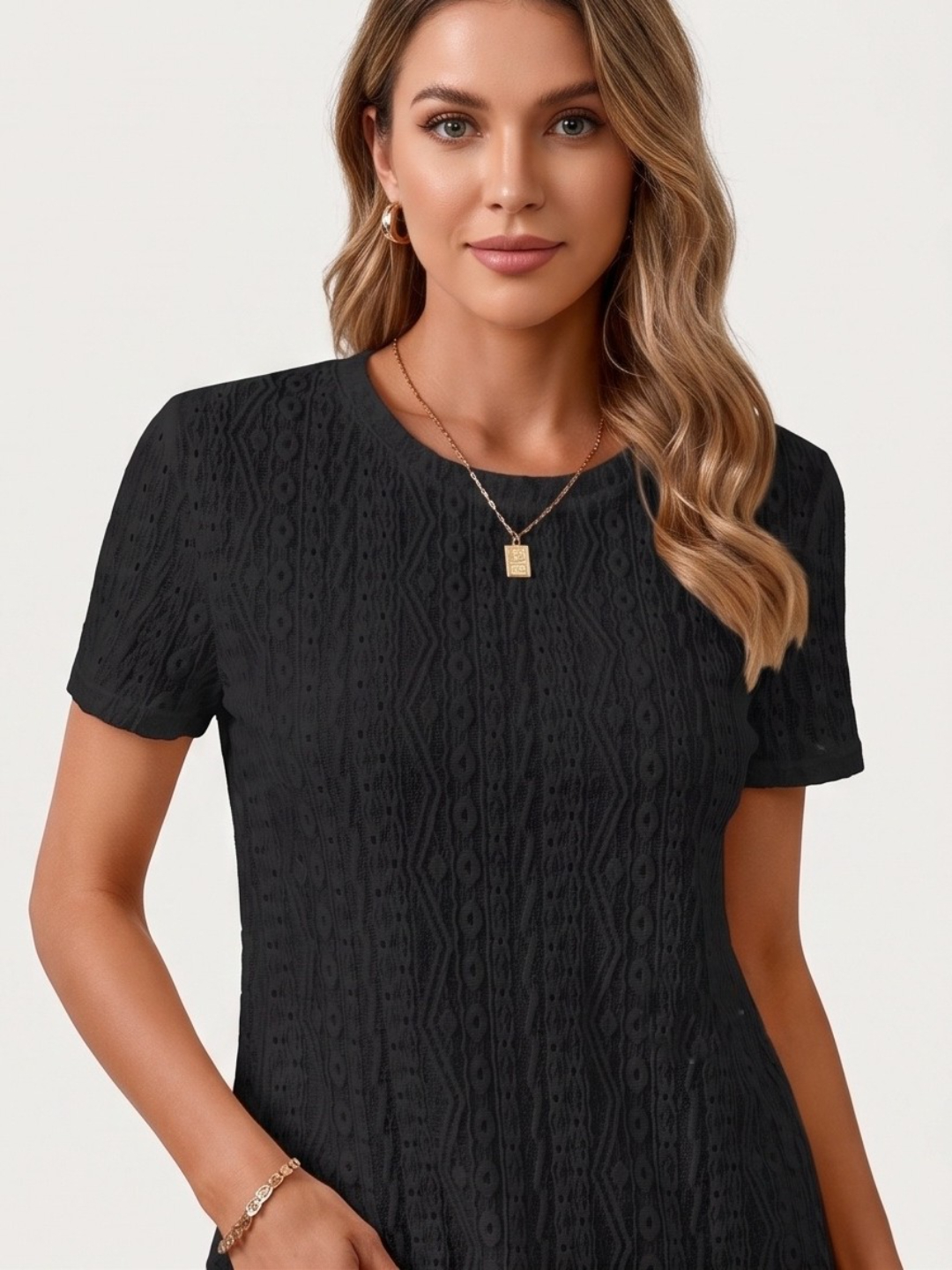 Black Textured Knit Short Sleeve Top