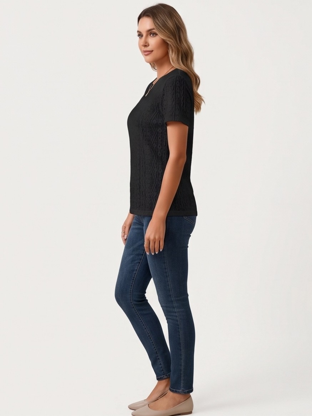 Black Textured Knit Short Sleeve Top