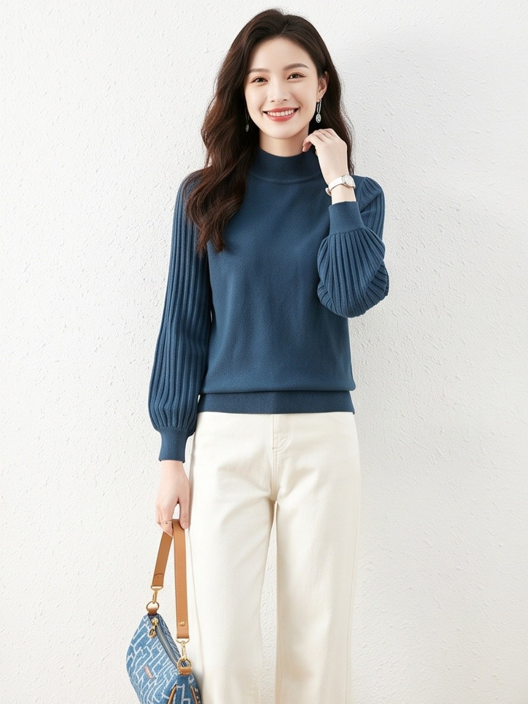 Navy Blue High-Neck Knit Top