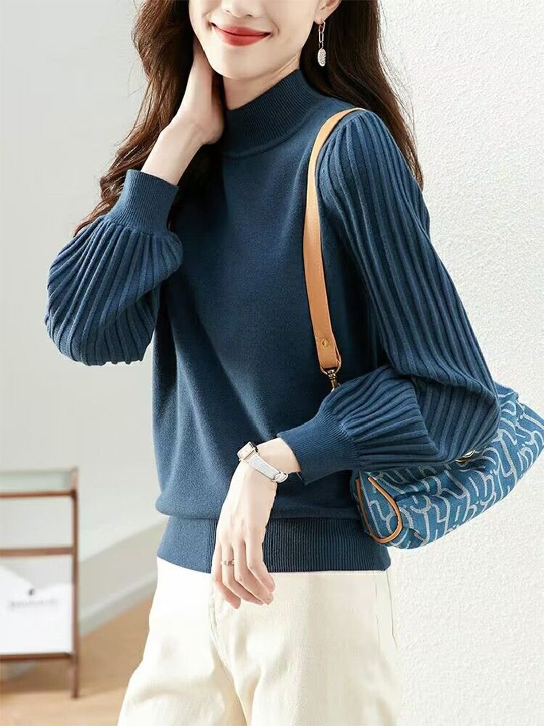 Navy Blue High-Neck Knit Top