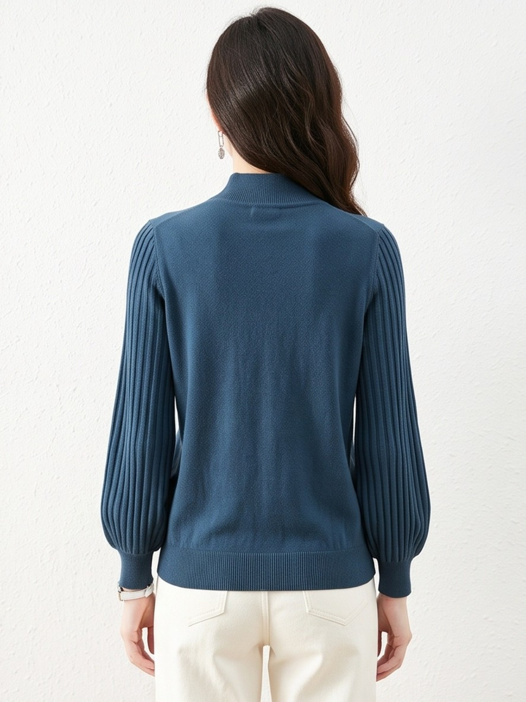 Navy Blue High-Neck Knit Top