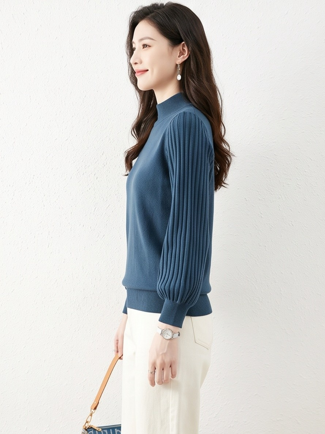 Navy Blue High-Neck Knit Top