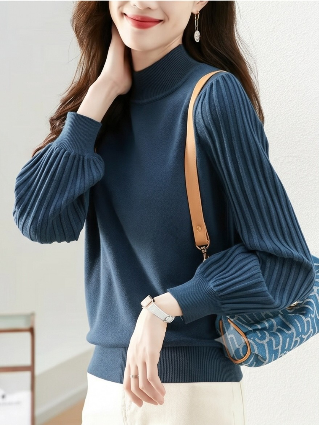 Navy Blue High-Neck Knit Top