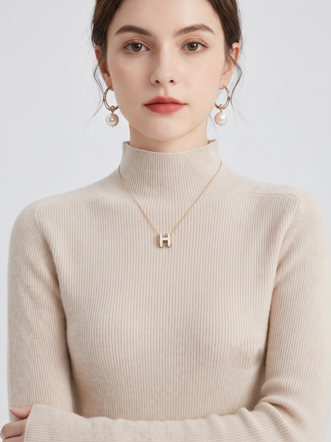 Beige Long Sleeve High Neck Top
