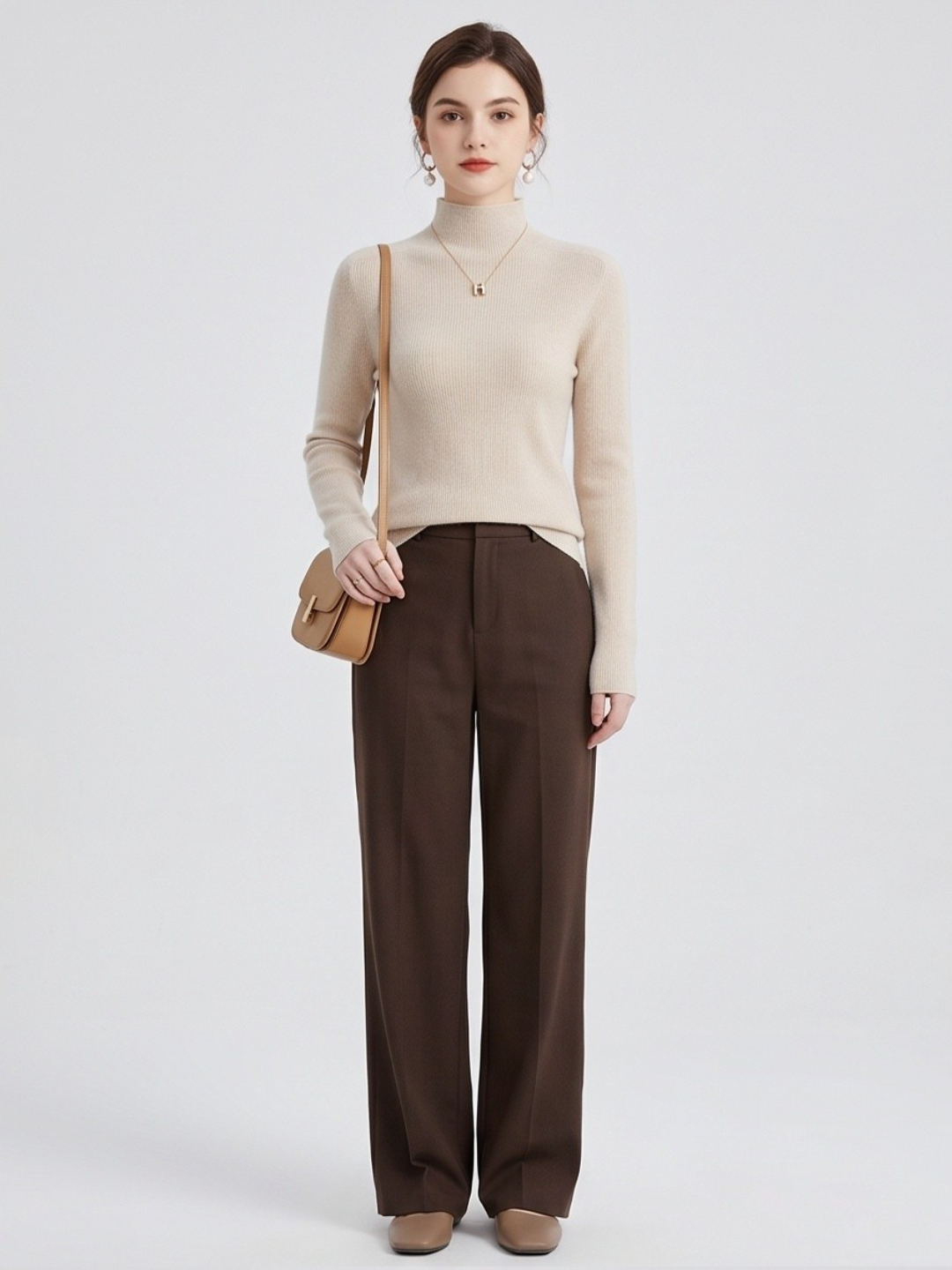 Beige Long Sleeve High Neck Top