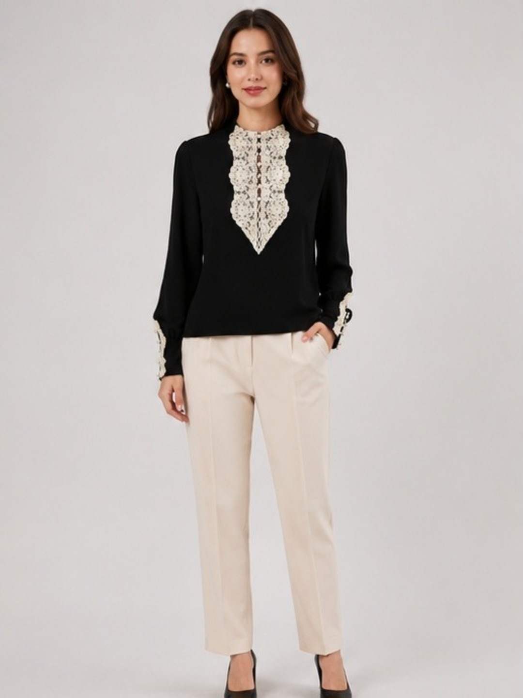 Black Long Sleeve Top with Intricate Lace Detail