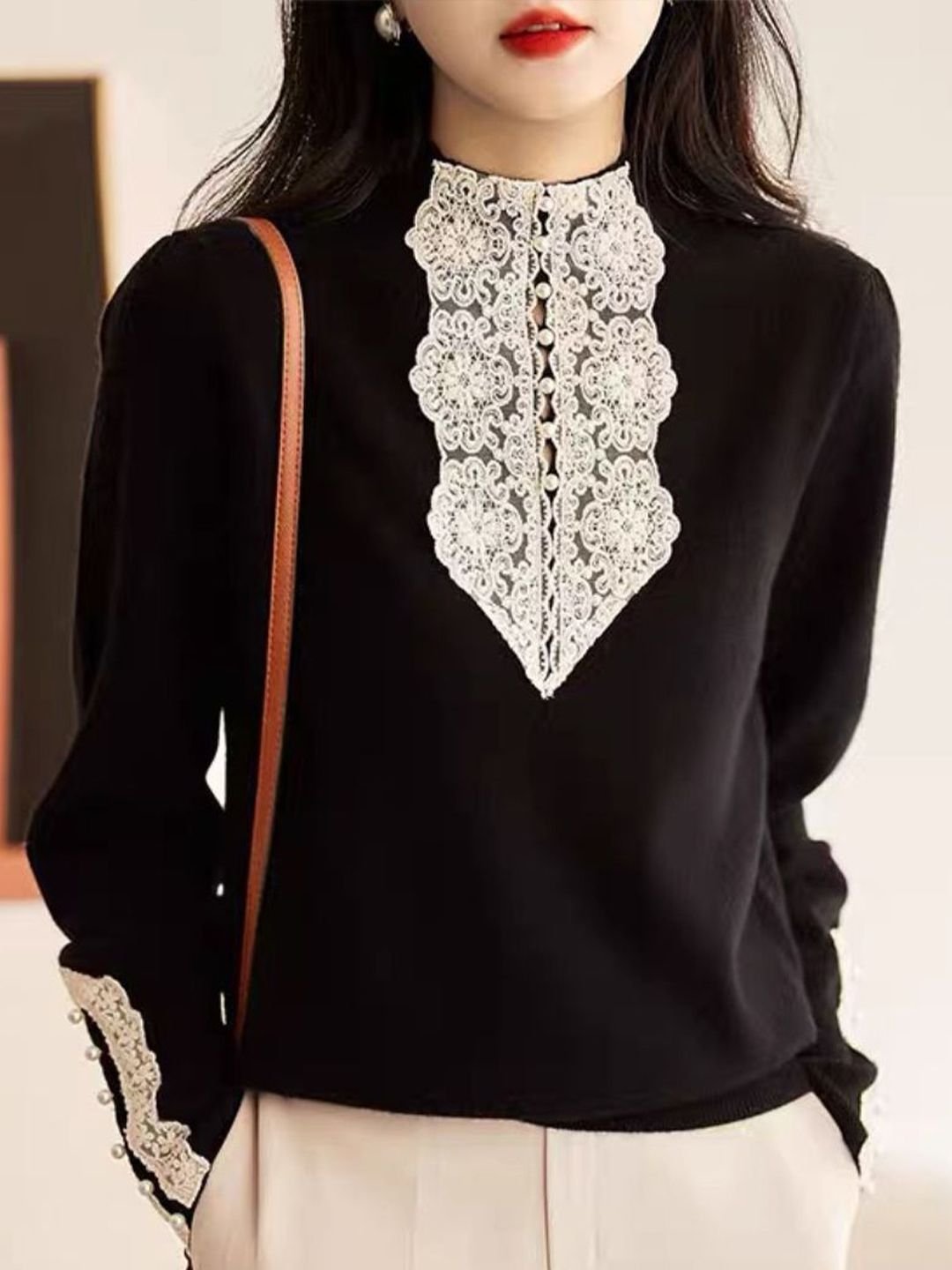 Black Long Sleeve Top with Intricate Lace Detail