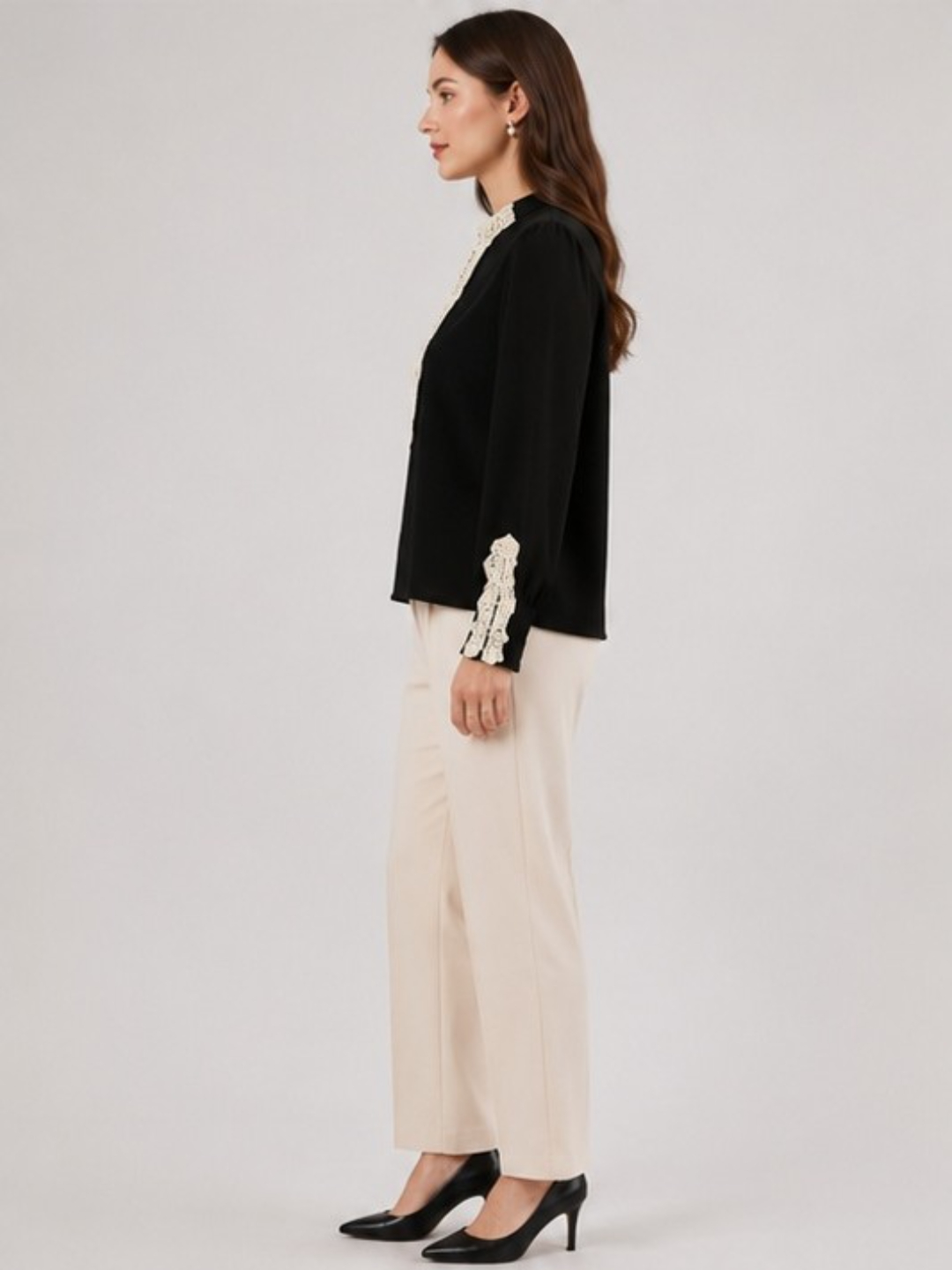 Black Long Sleeve Top with Intricate Lace Detail