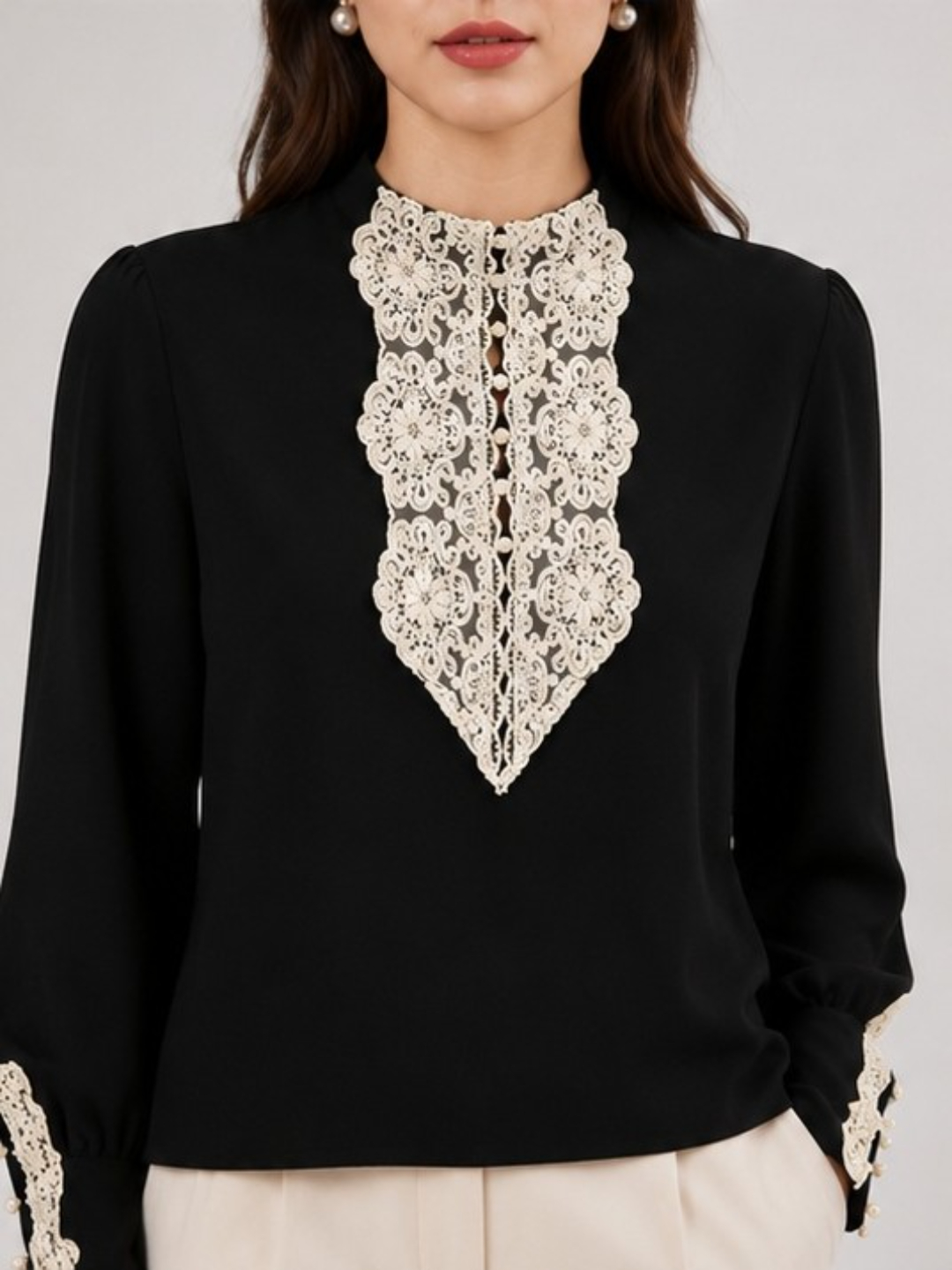 Black Long Sleeve Top with Intricate Lace Detail