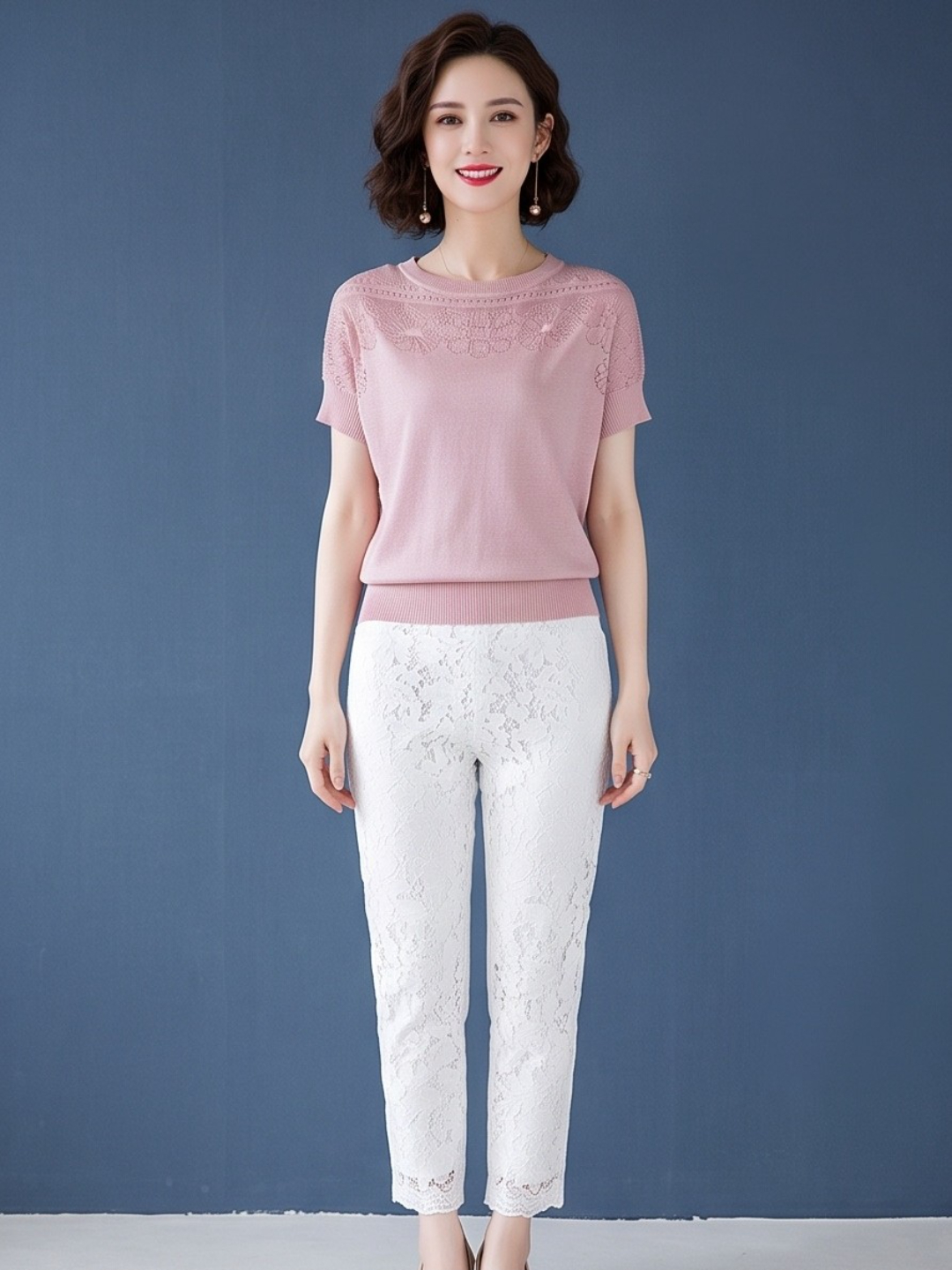 Pink Short Sleeve Lace Detail Knit Top
