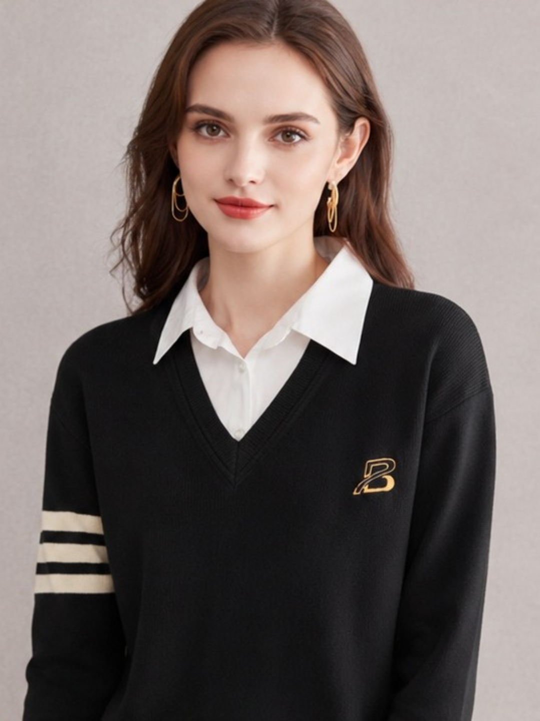 Black V-Neck Knitted Sweater with Stripe Detail