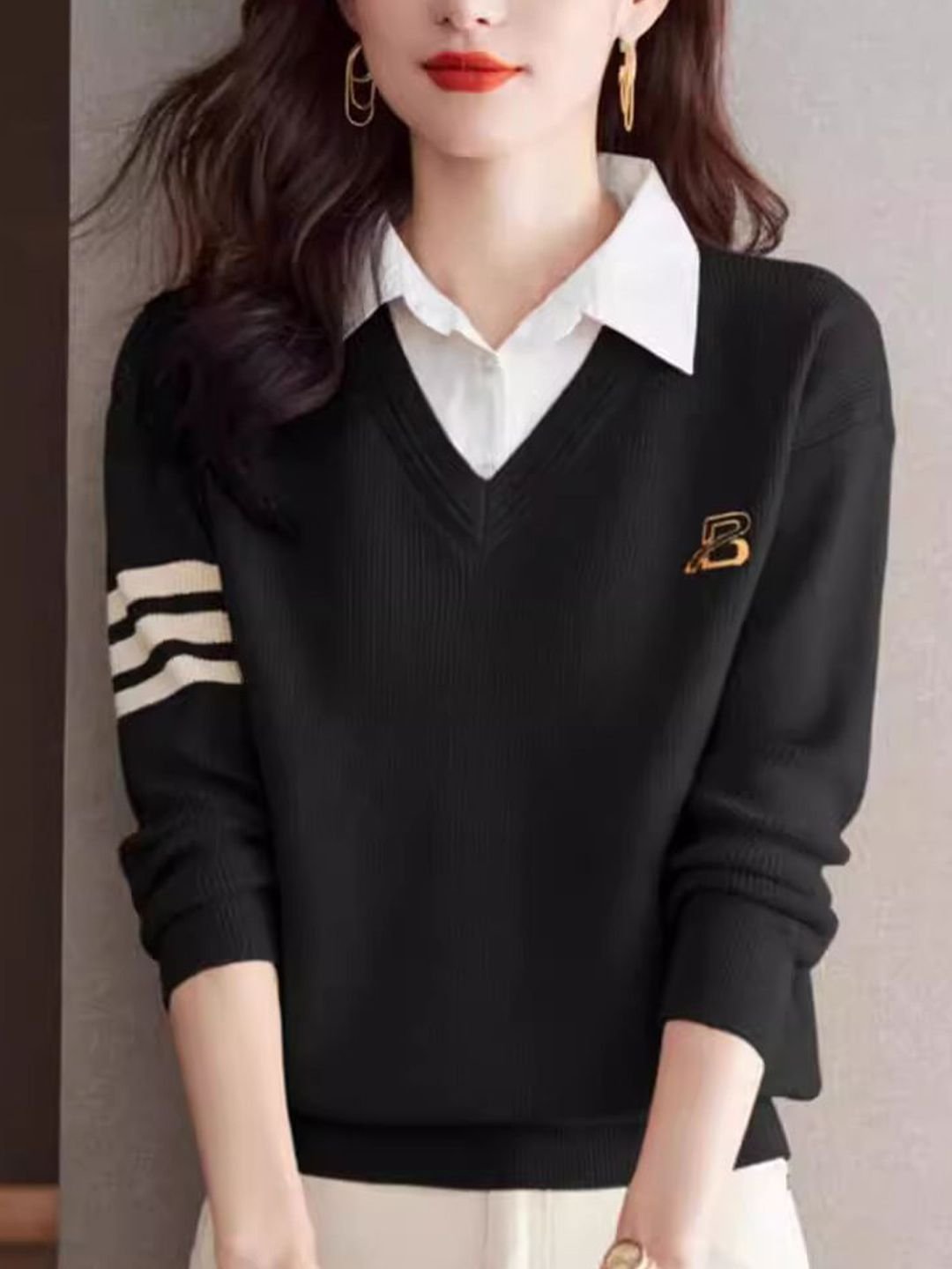 Black V-Neck Knitted Sweater with Stripe Detail