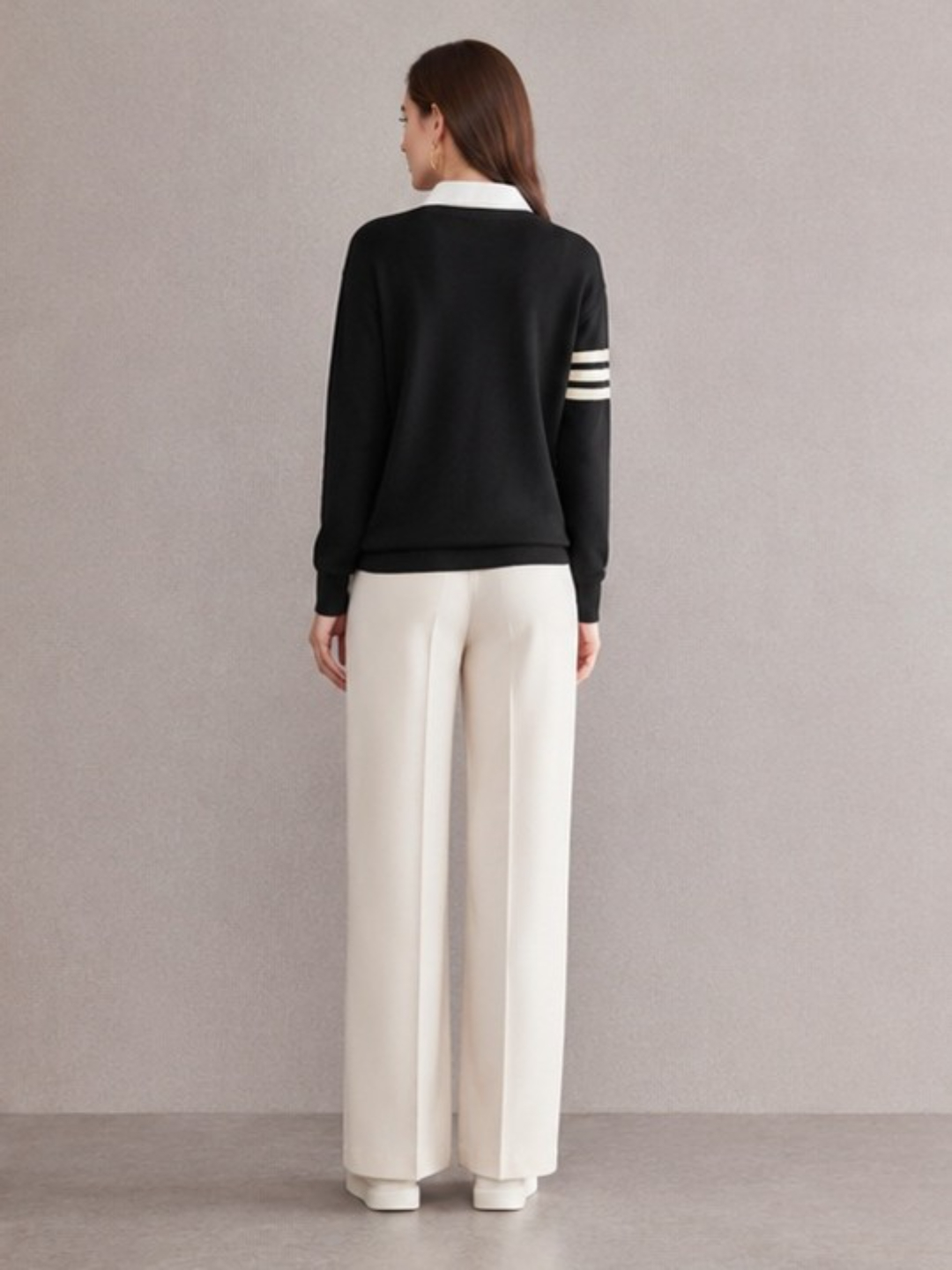 Black V-Neck Knitted Sweater with Stripe Detail