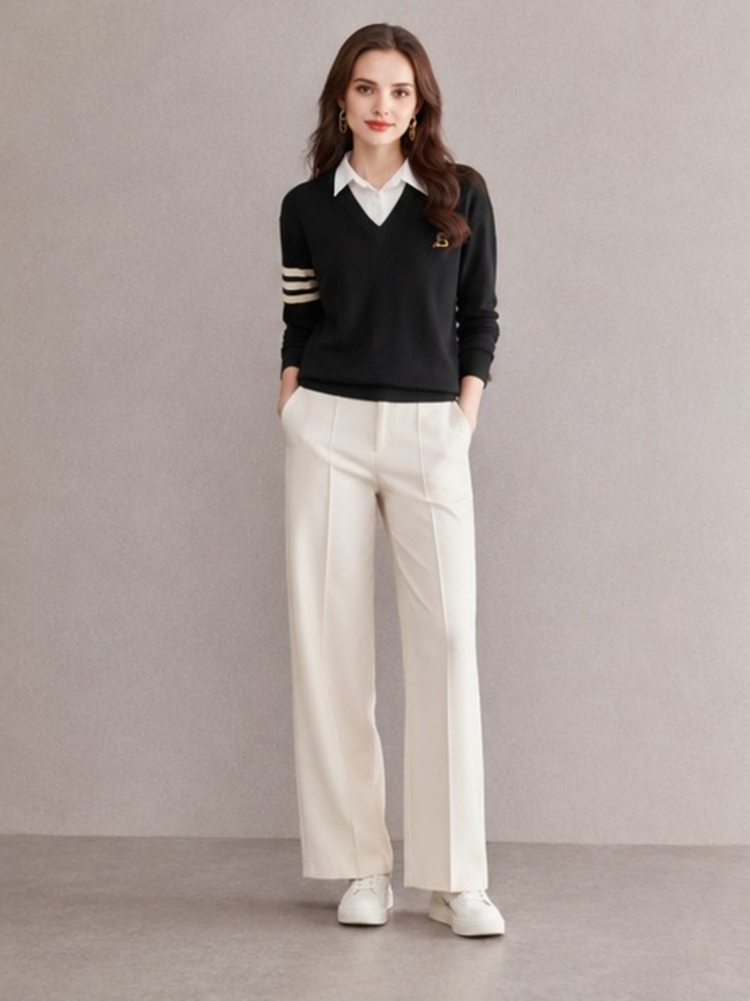 Black V-Neck Knitted Sweater with Stripe Detail