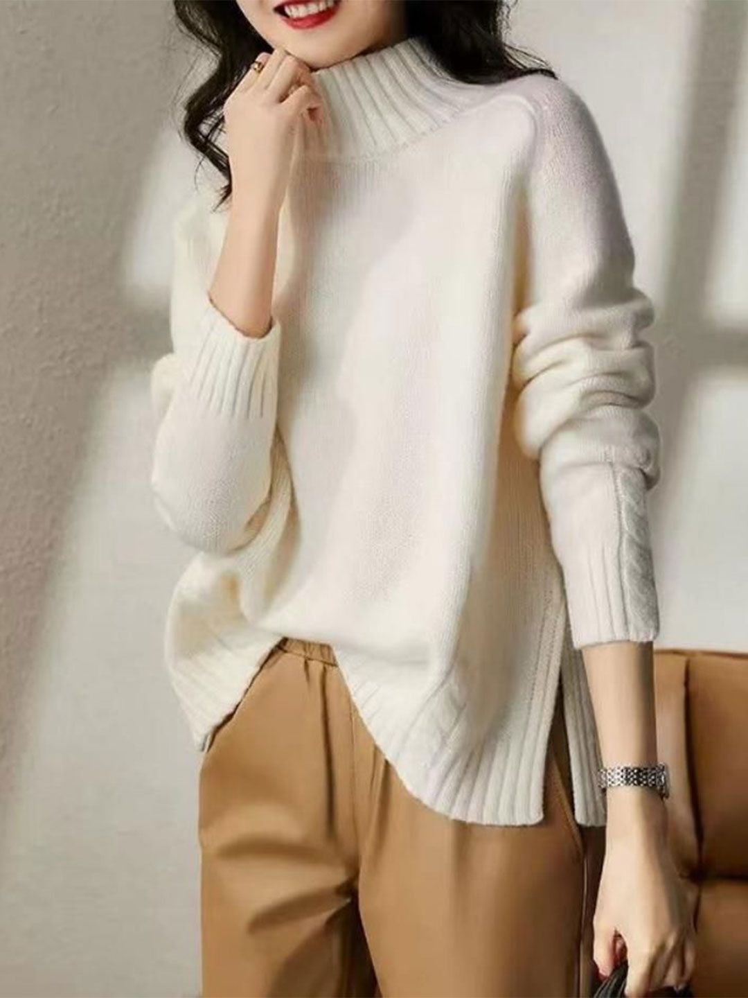 White Long Sleeve High Neck T-Shirt