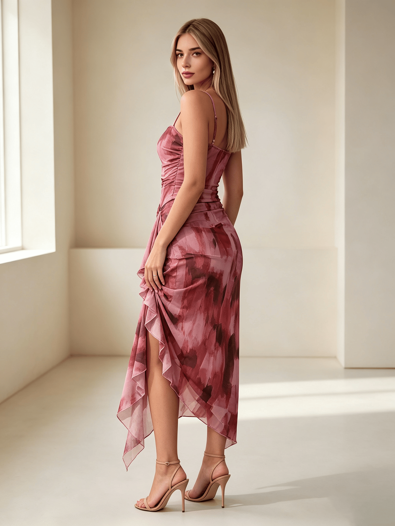 Light Pink Tie-Dye Strappy Bodycon Midi Dress