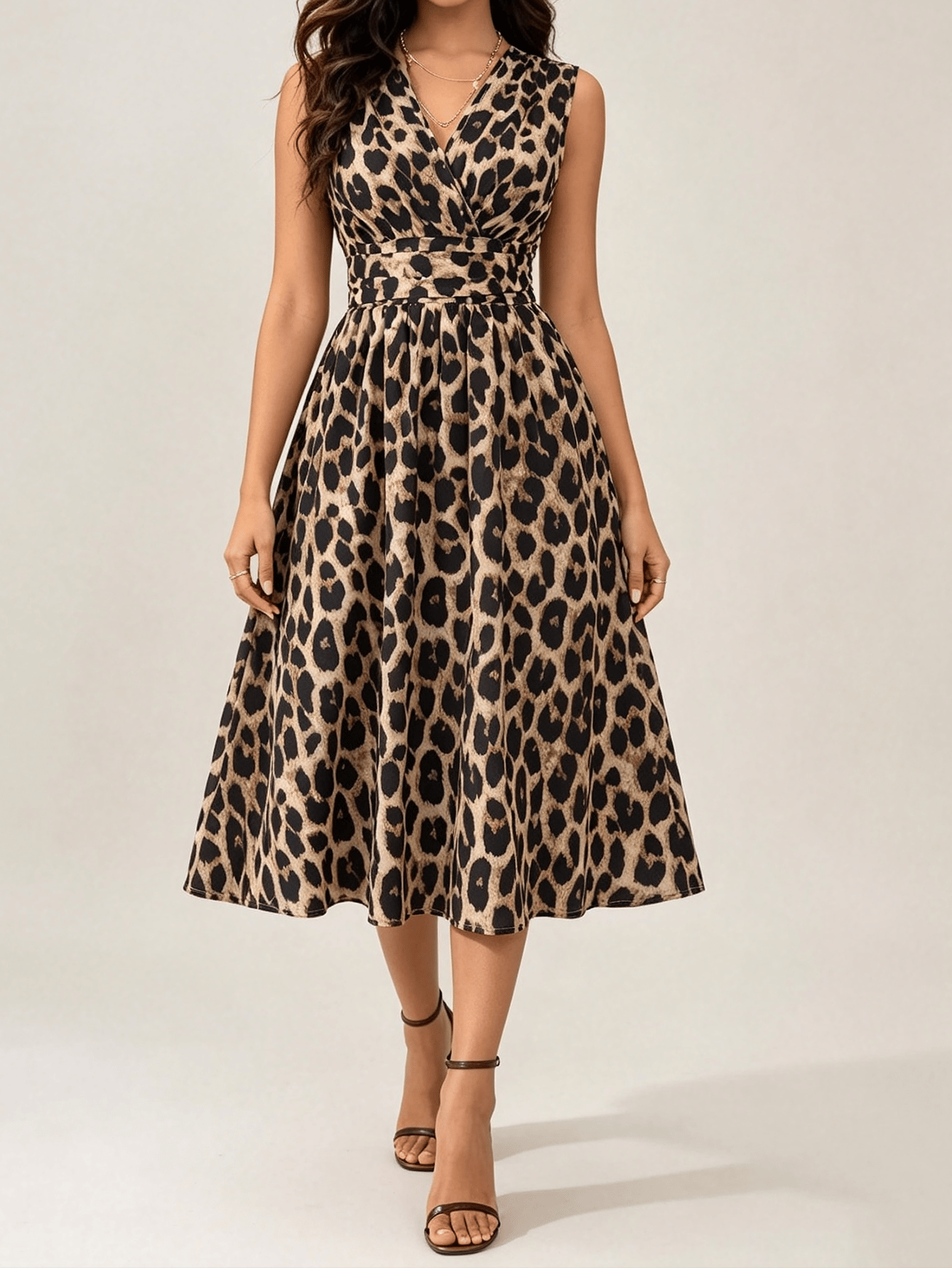 Leopard Print Sleeveless A-Line Midi Dress