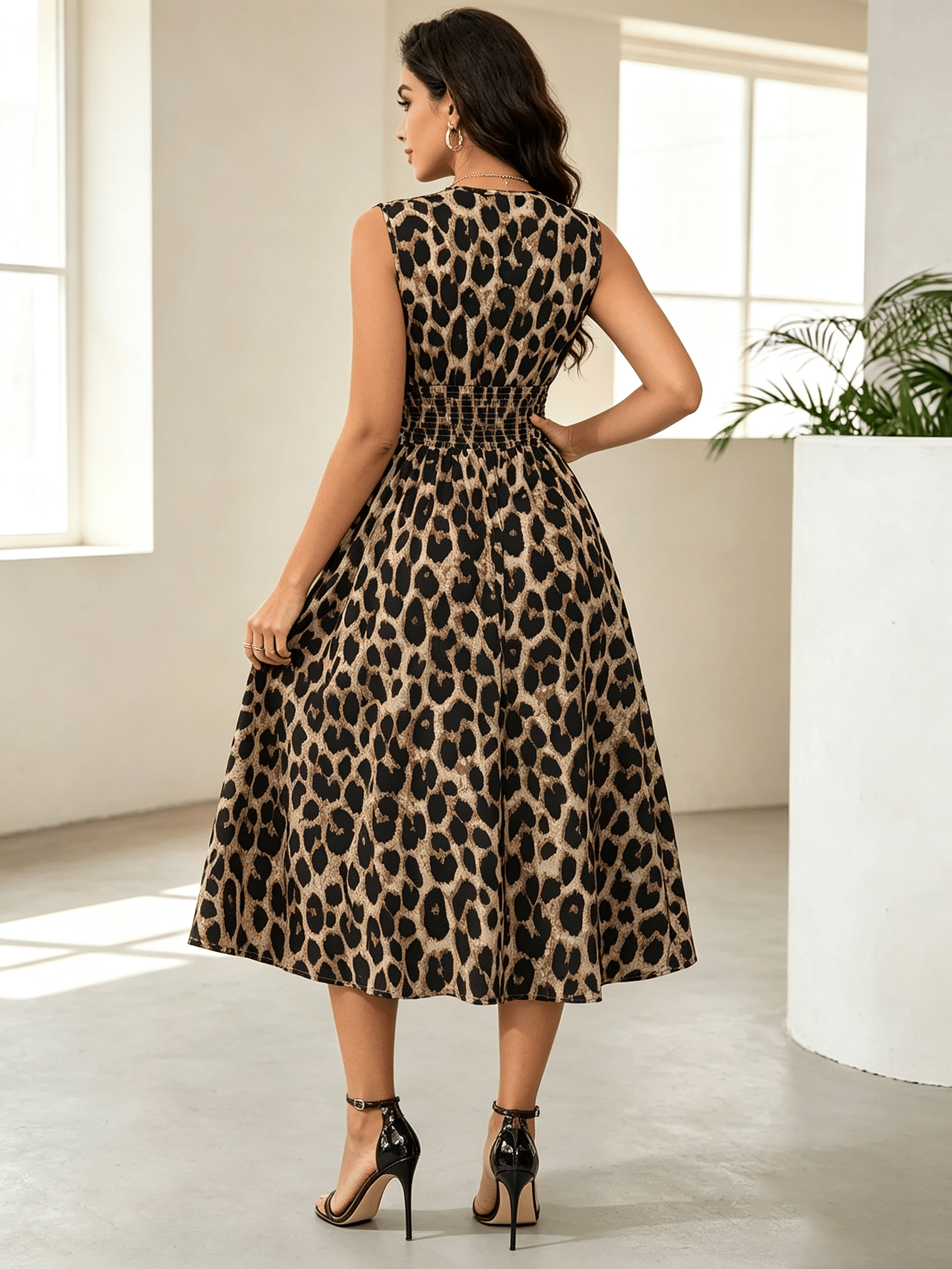 Leopard Print Sleeveless A-Line Midi Dress