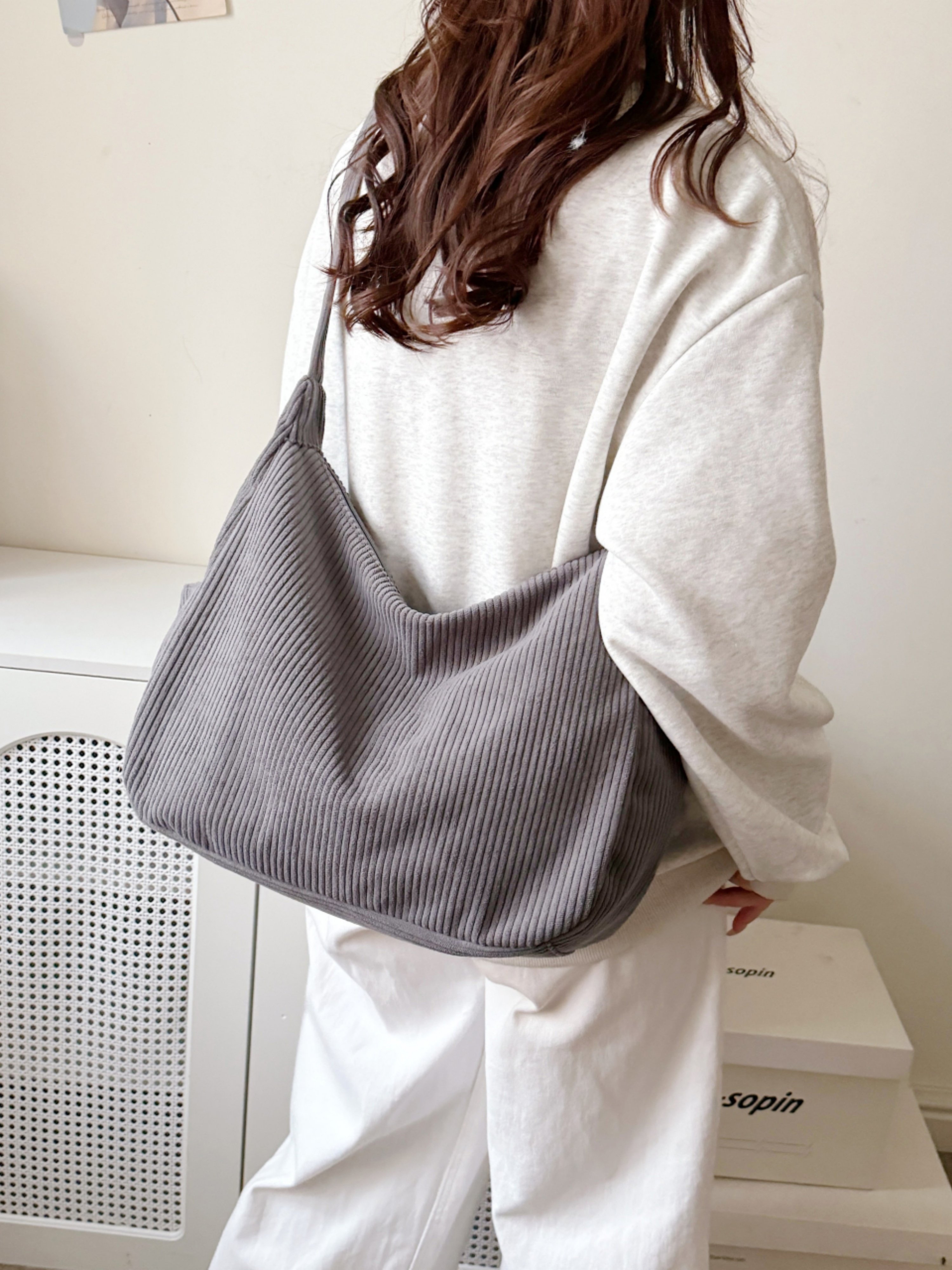 Grey Corduroy Crossbody Bag
