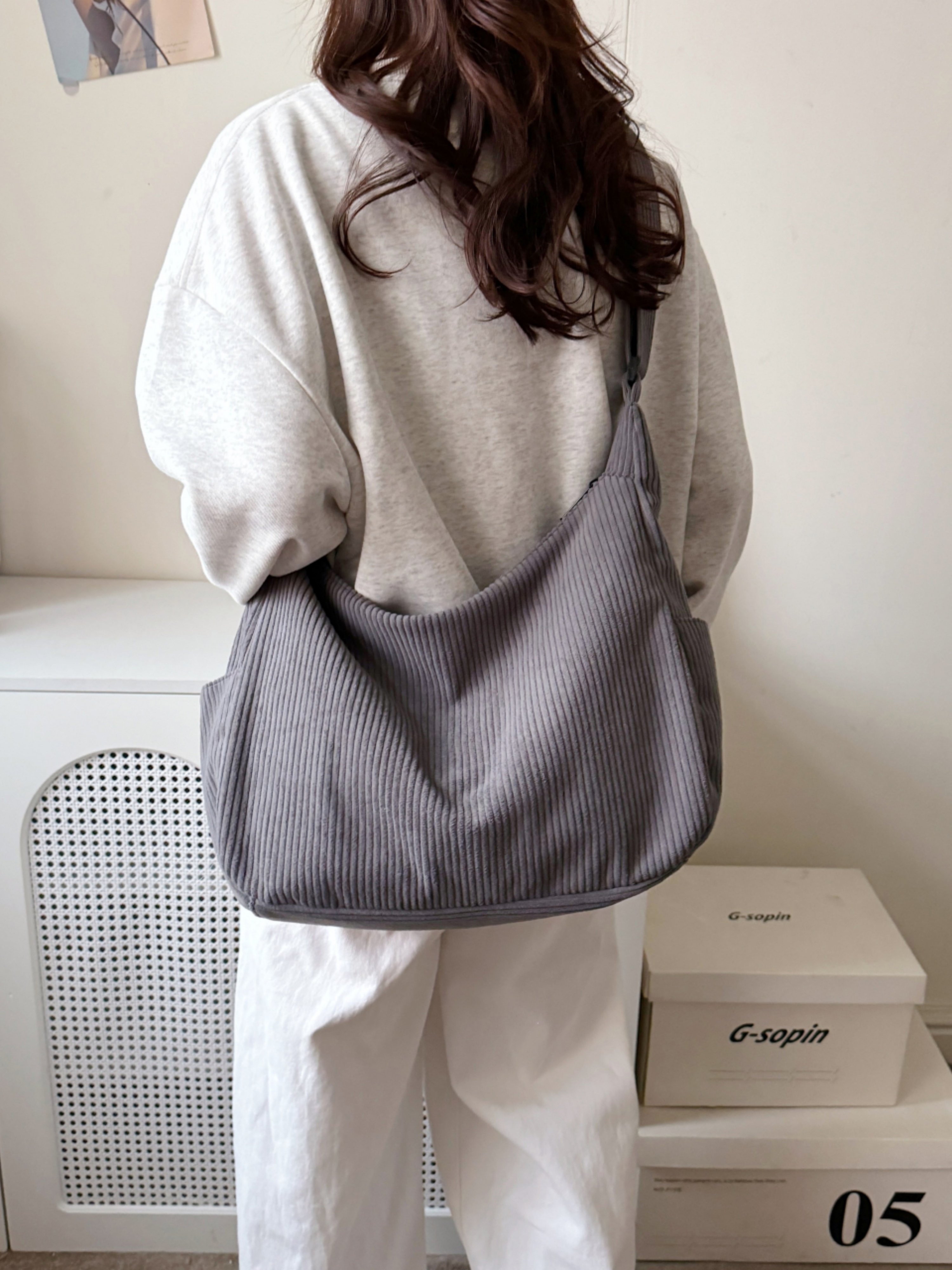 Grey Corduroy Crossbody Bag