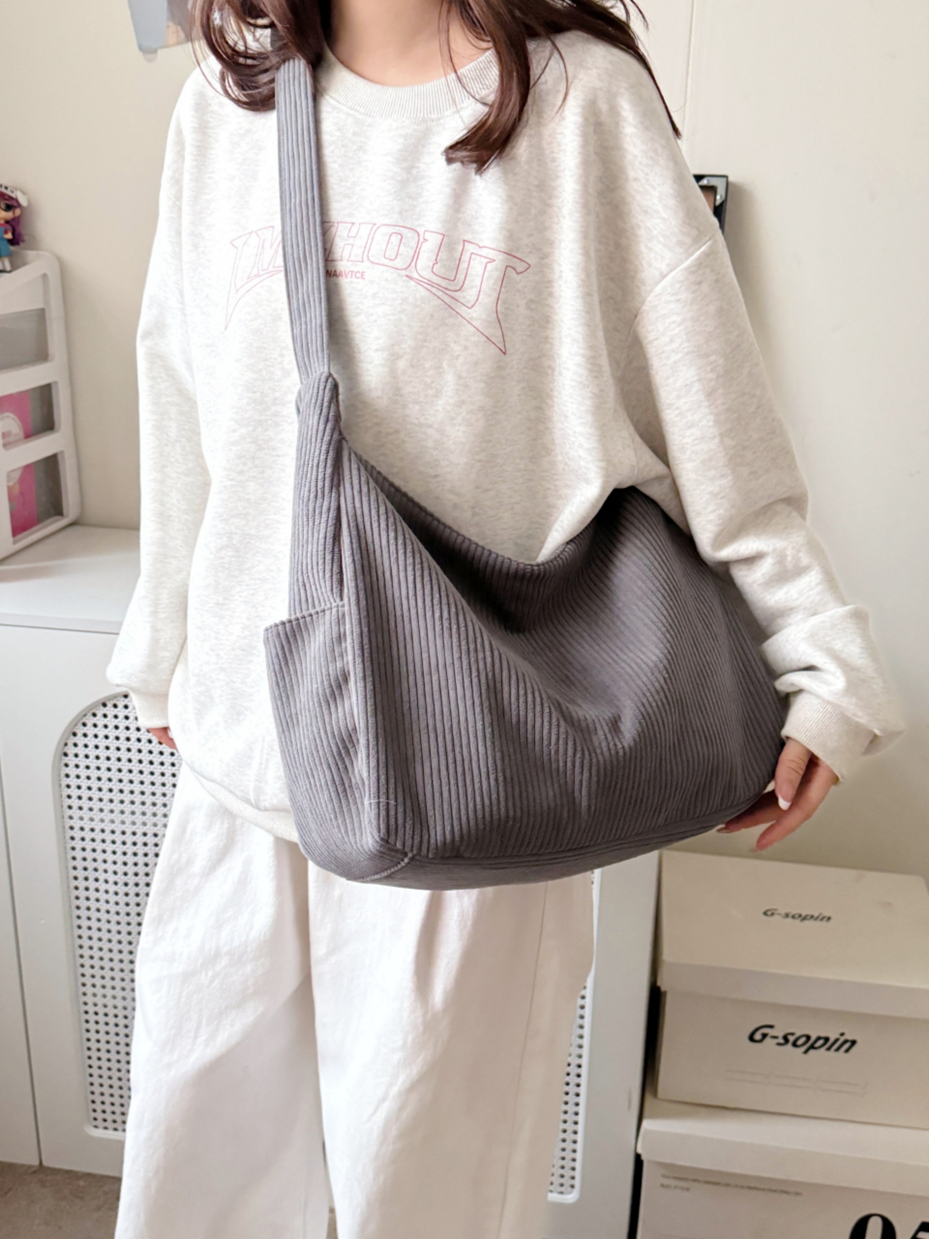 Grey Corduroy Crossbody Bag