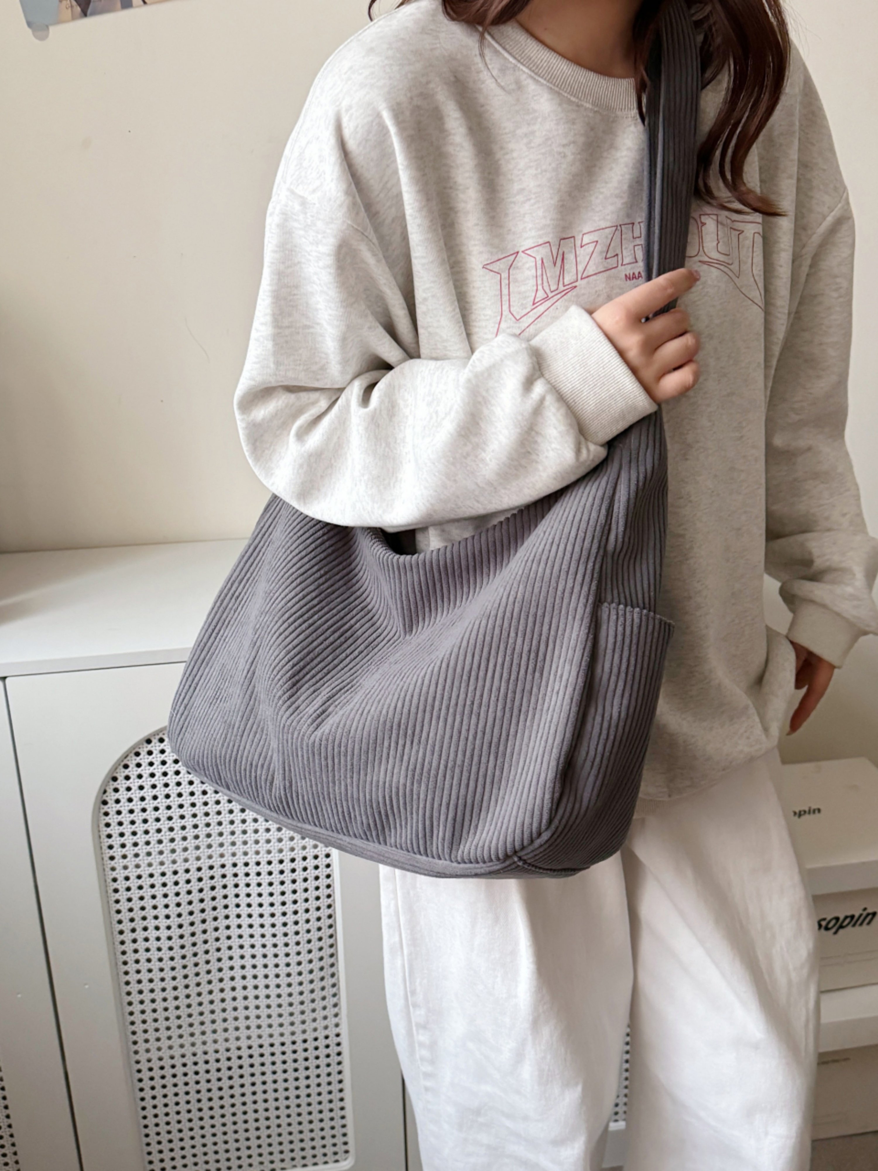 Grey Corduroy Crossbody Bag