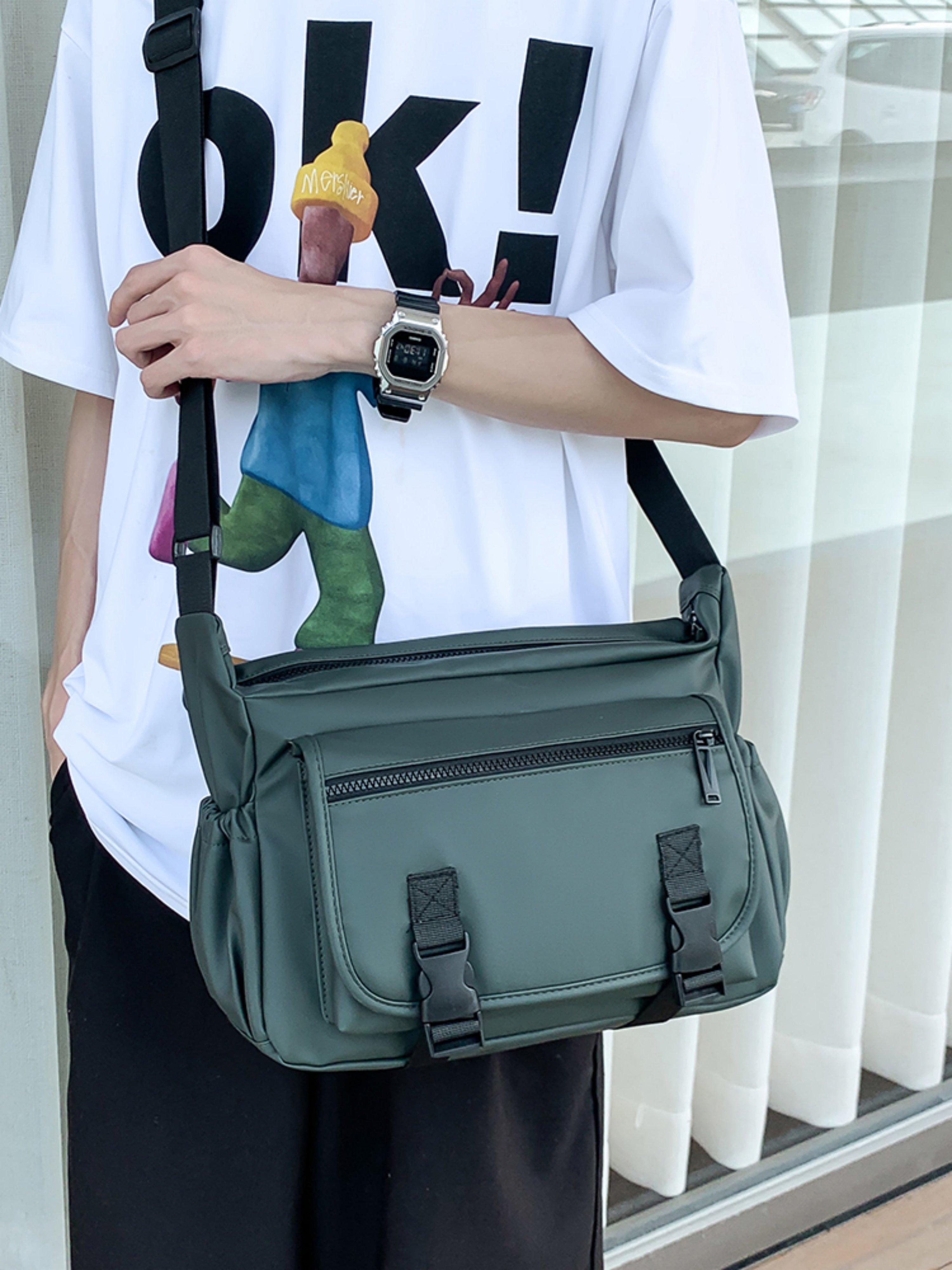 Green Crossbody Bag with Buckle