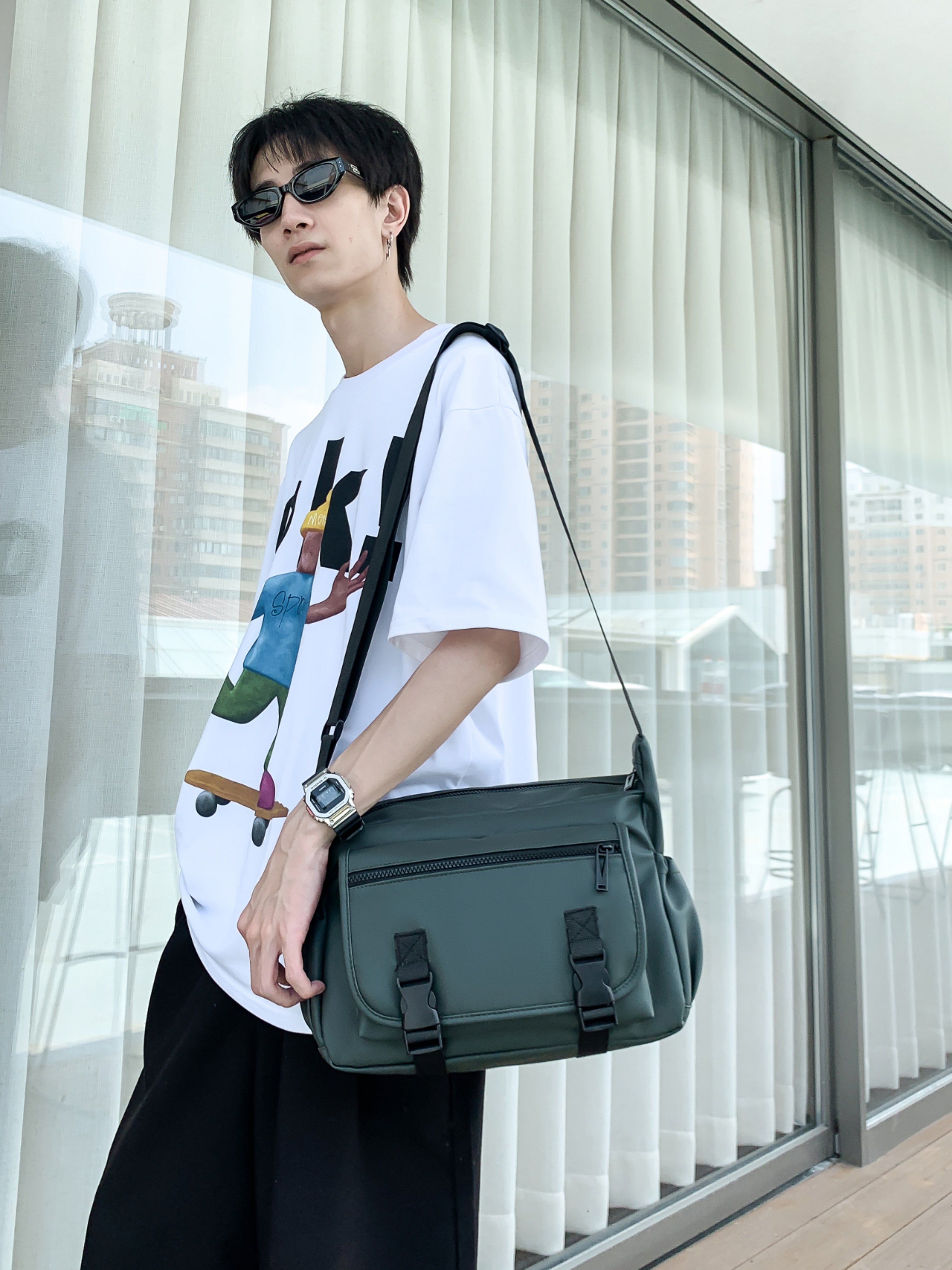 Green Crossbody Bag with Buckle