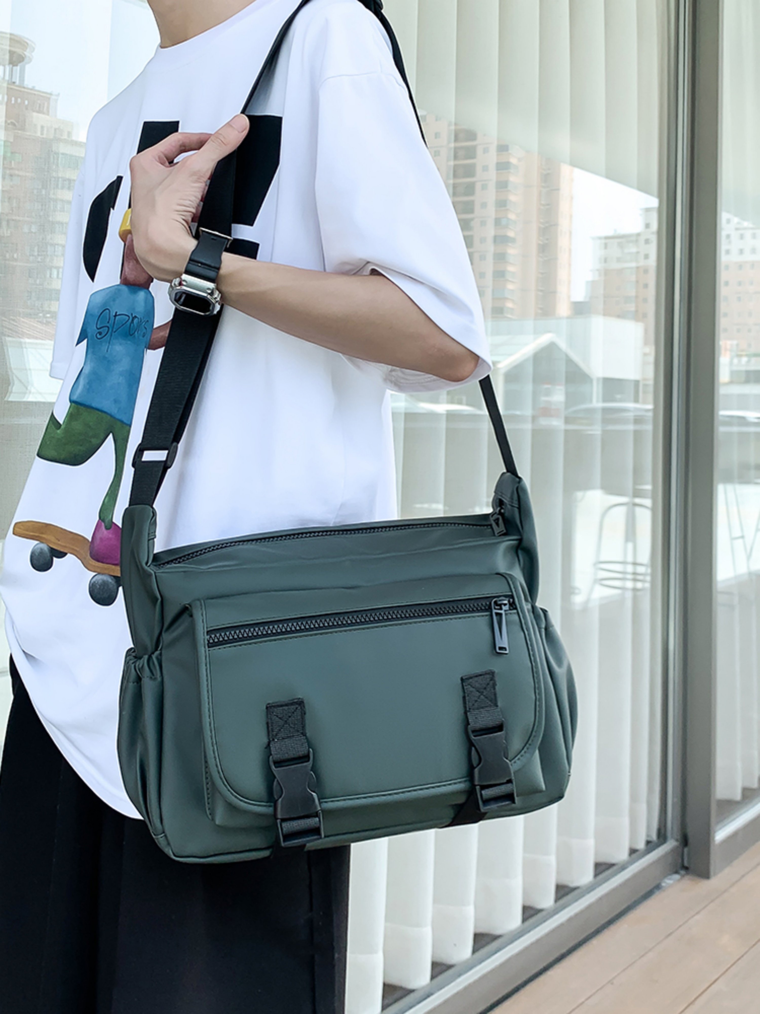 Green Crossbody Bag with Buckle