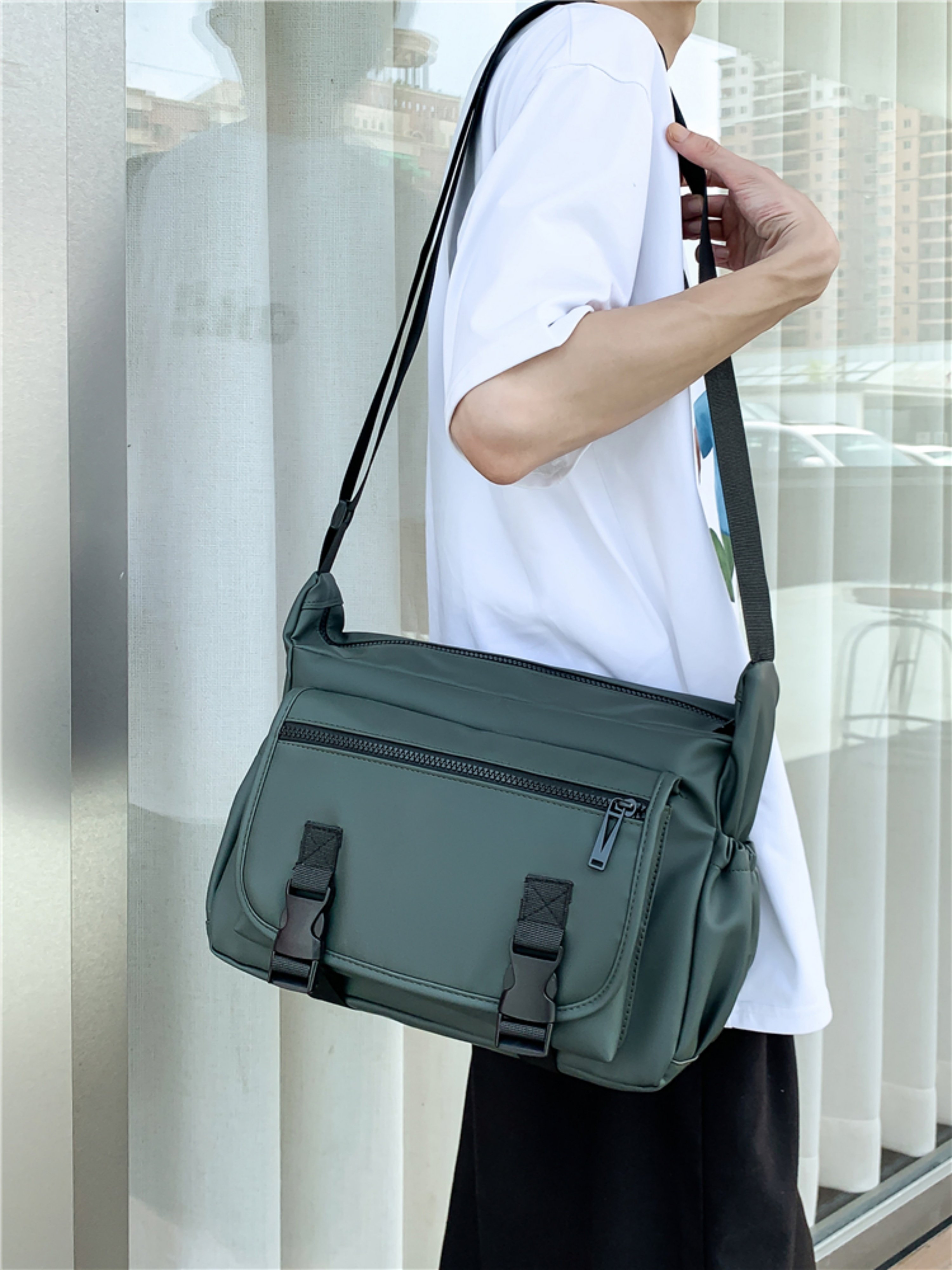 Green Crossbody Bag with Buckle