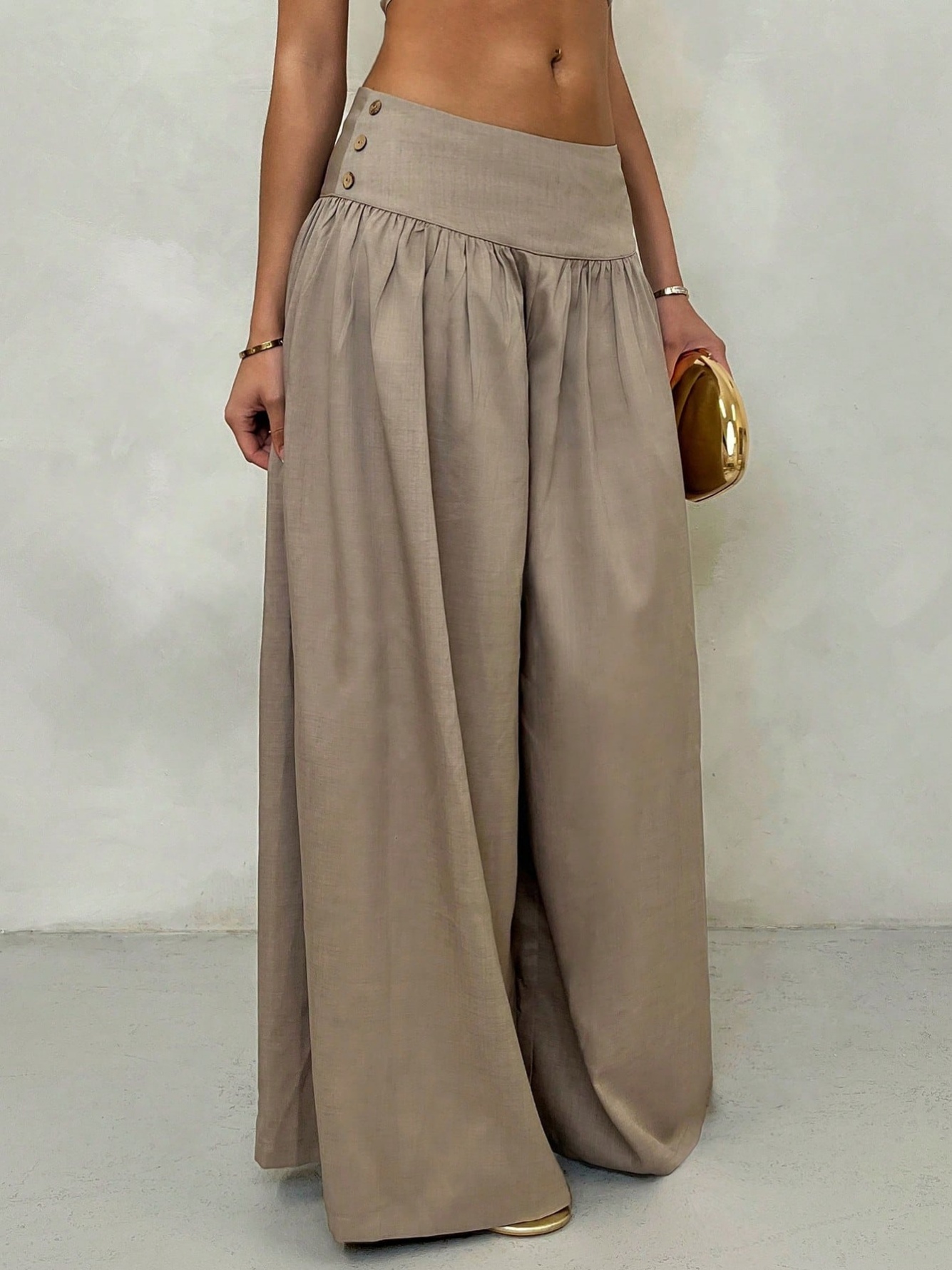 Coffee Brown Wide-Leg Pants with Button Detail