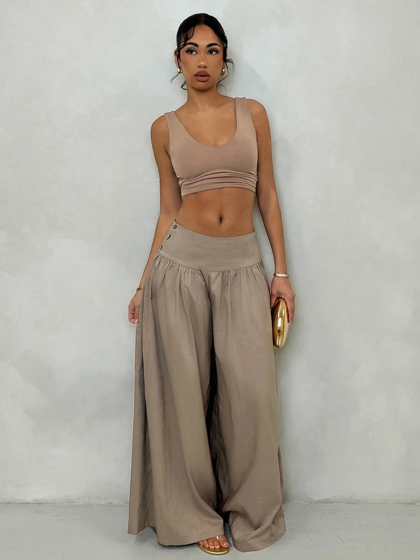 Coffee Brown Wide-Leg Pants with Button Detail