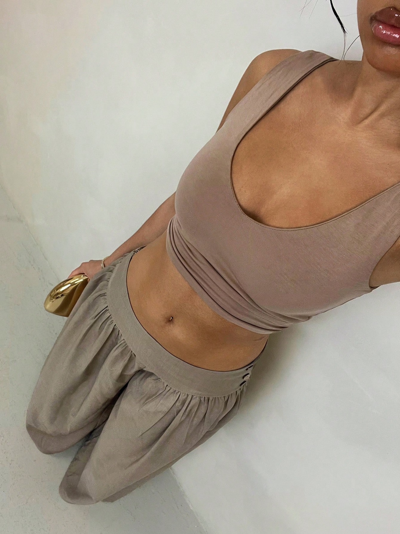 Coffee Brown Wide-Leg Pants with Button Detail
