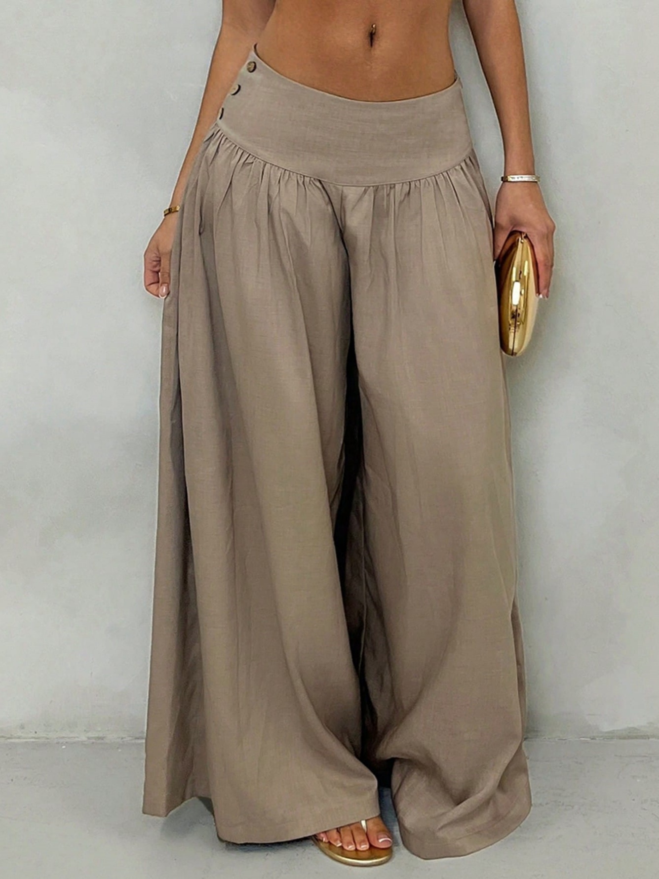Coffee Brown Wide-Leg Pants with Button Detail