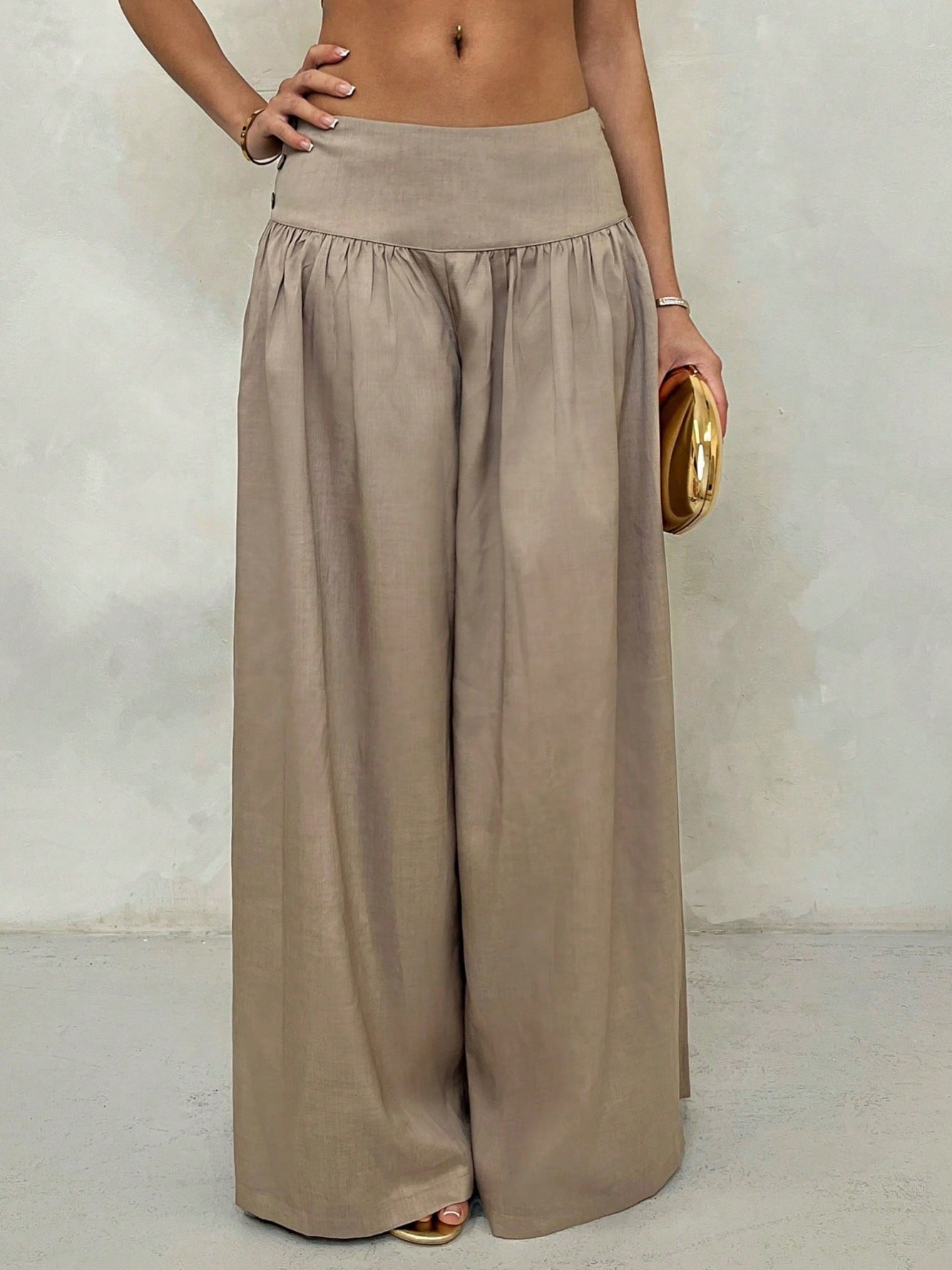 Coffee Brown Wide-Leg Pants with Button Detail
